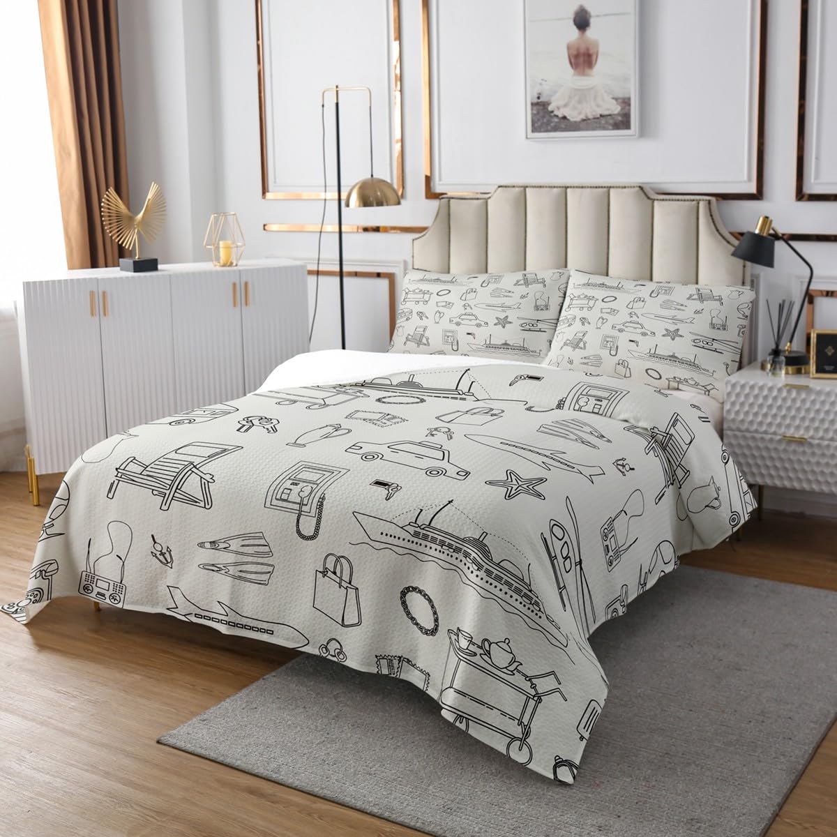 Cartoon Sketch Bedspread Twin Size,Airplane Car Ship Bedding Set for Boys Girls Room Decor,Minimalist Art Bed Cover Black Gray Quilt Coverlet,1 Pillowcase