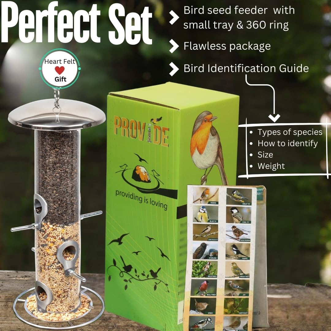PROVIDE Comedero grande de acero inoxidable para pájaros, fácil de limpiar, comederos para pájaros pequeños, comederos para pájaros silvestres fáciles de abrir. Comedero colgante para semillas,