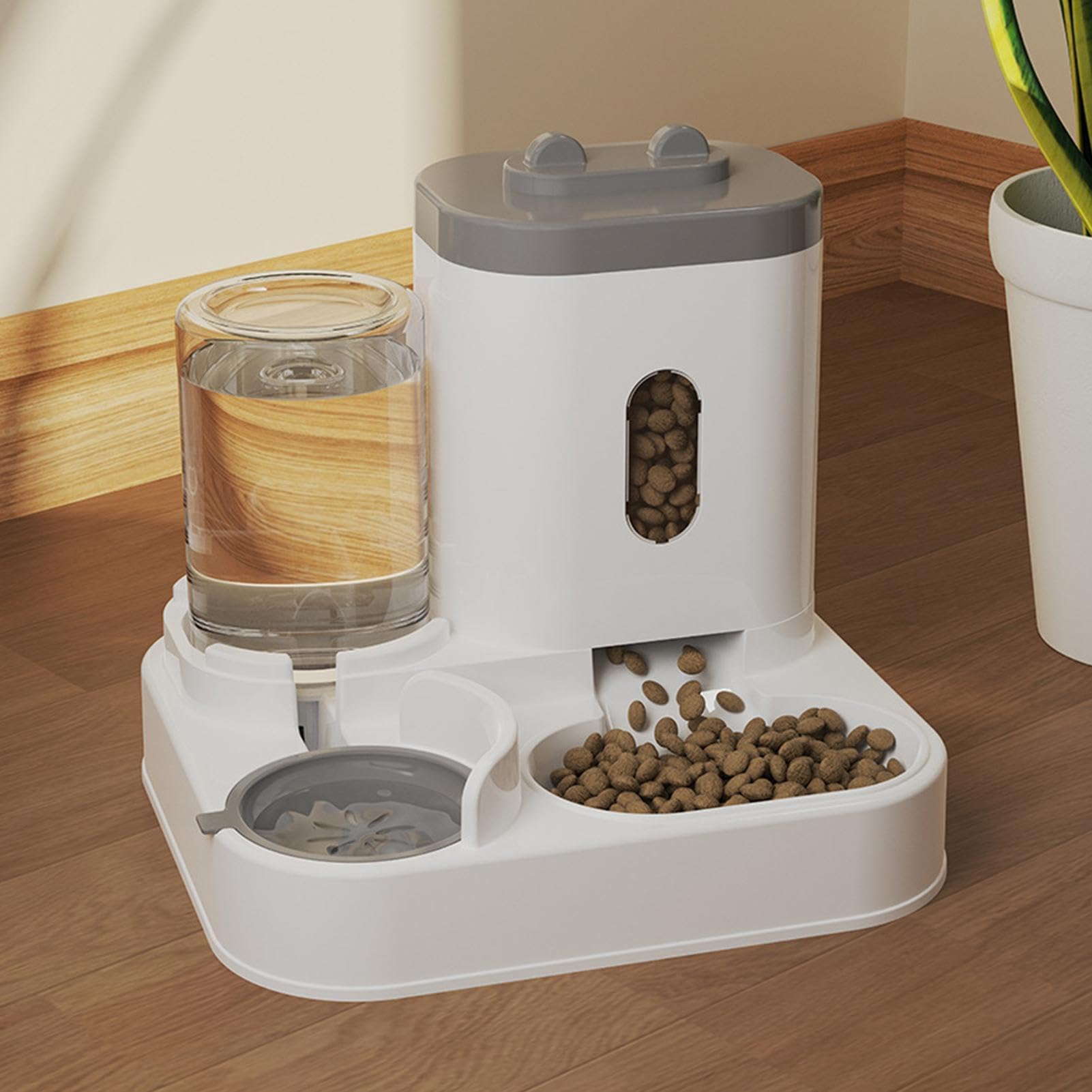 Distributeur Croquettes Chat Automatique,Distributeur Croquettes Chat Automatique 2 en 1 PP 2.2L Distributeur Croquettes Et 0.8L Fontaine A Eau Combo Mangeoire avec Gamelle Grande Capacité，Gris