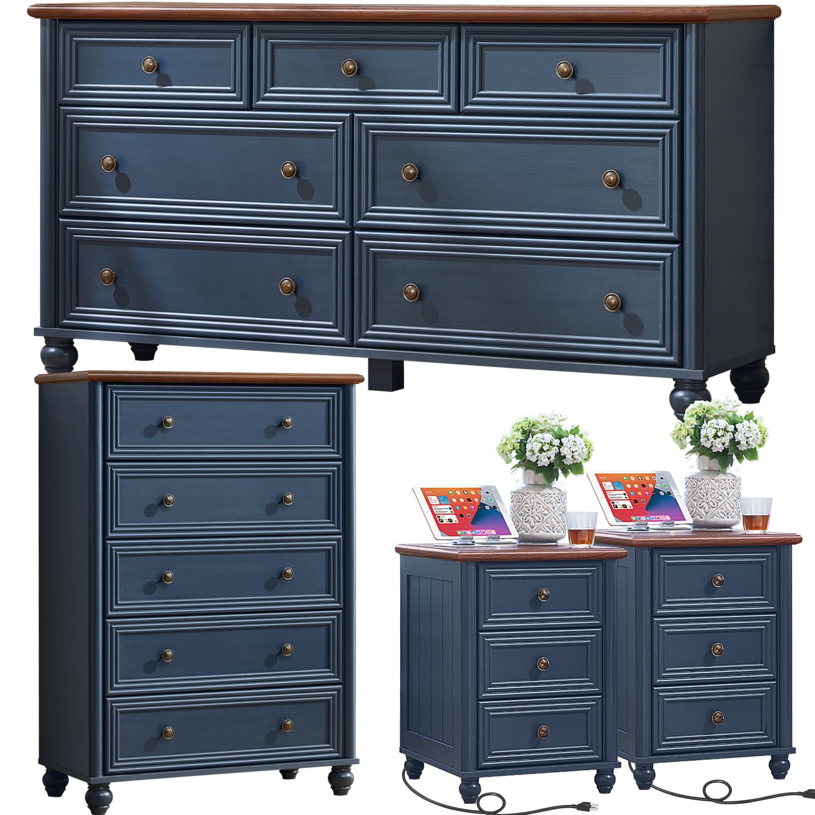 Farmhouse Dressers & Night Stand Set of 4, Wood 54" Wide Dresser & 45" Tall Chest of Drawers, 18" with Charging Station Nightstand Set of 2, Bedroom