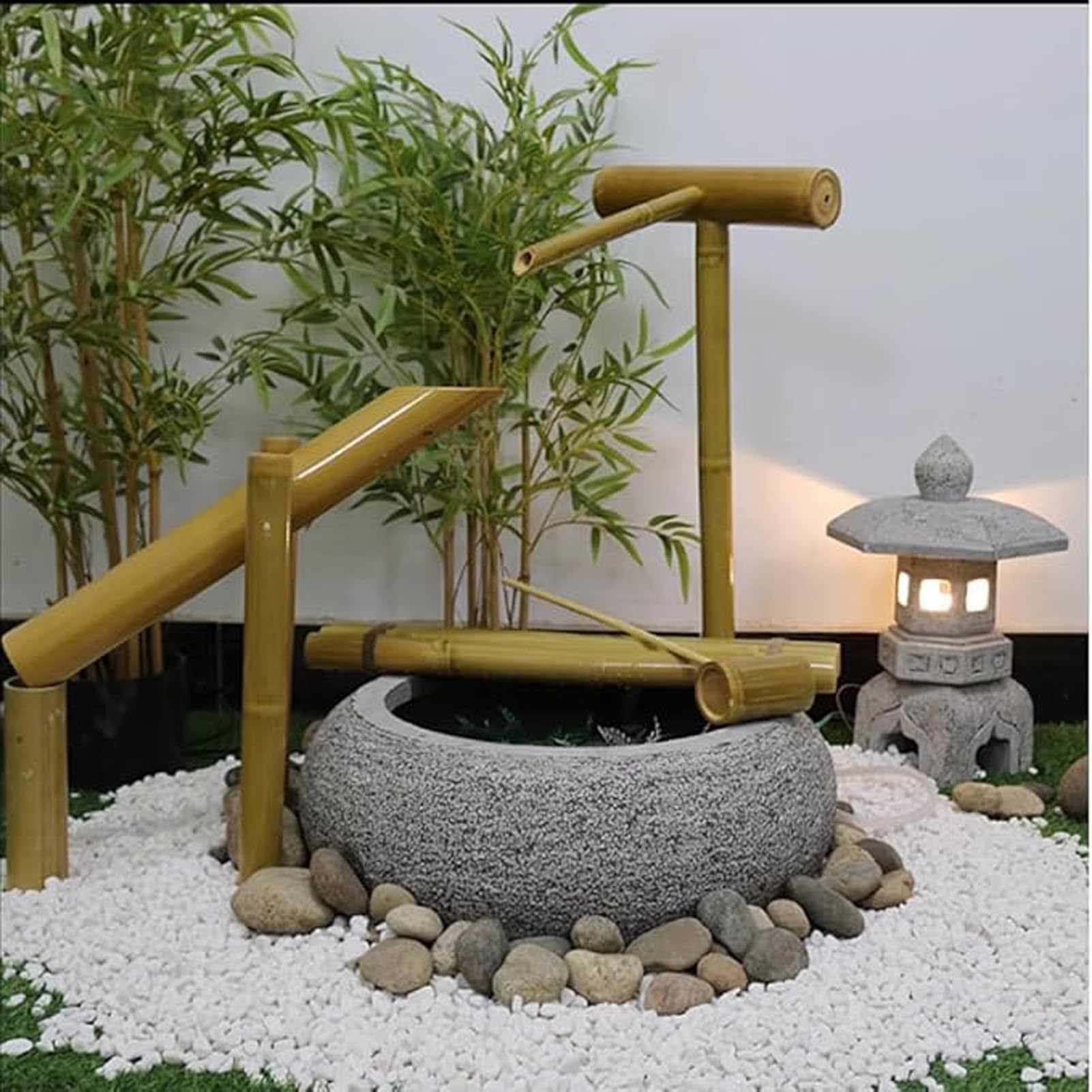Fontana Solare in bambù con Pompa, Elemento d'Acqua Zen Feng Shui, Decorazione da Giardino autoportante, Stile Giapponese, per laghetto, Prato, Patio, Cortile, Balcone.