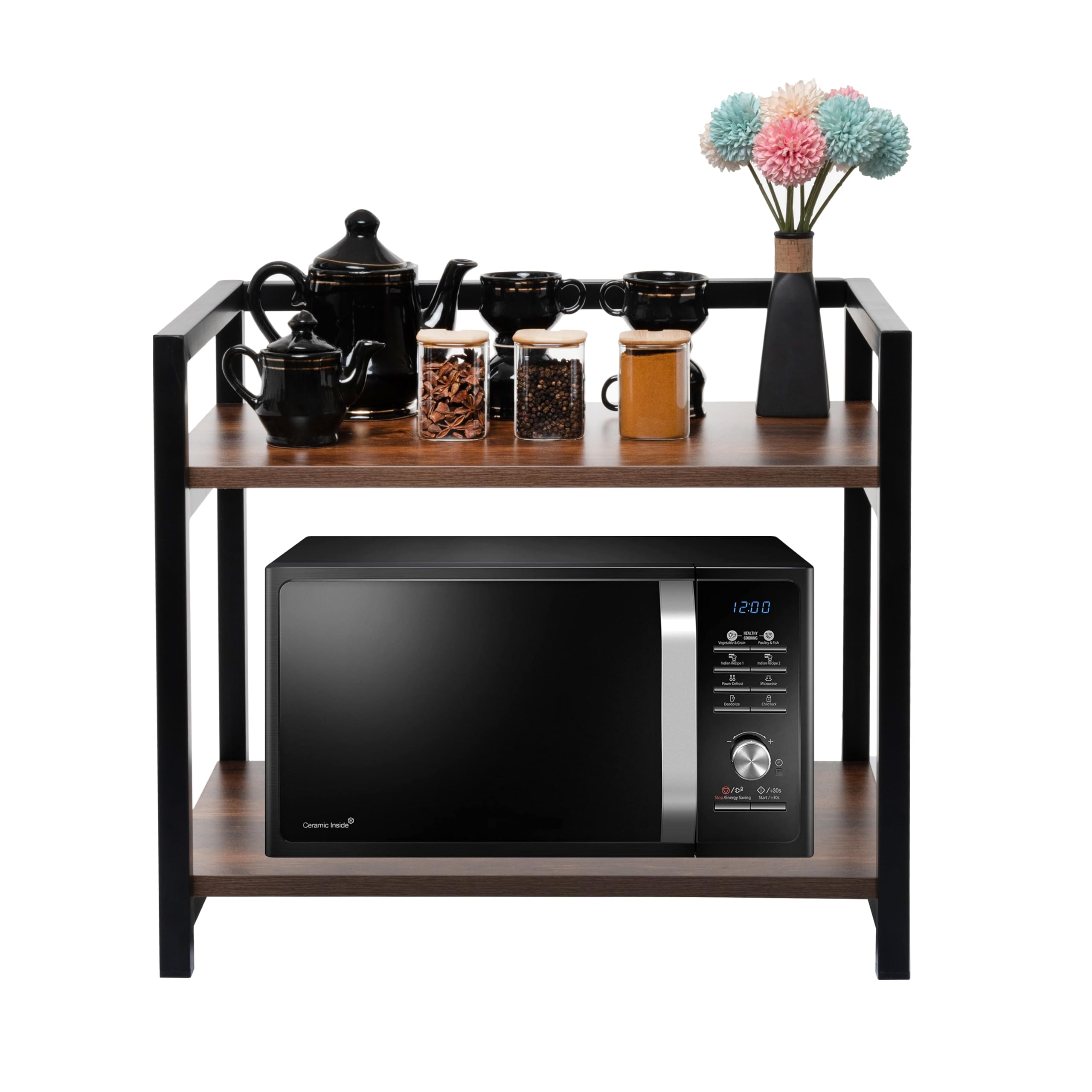 DIVYA 2-Layer Microwave Stand, OTG Stand, Microwave Oven Platform Rack, Kitchen Storage Shelf (Walnut Brown & Black Pipe,Alloy Steel;Engineered Wood, Tiered Shelf) (Black)
