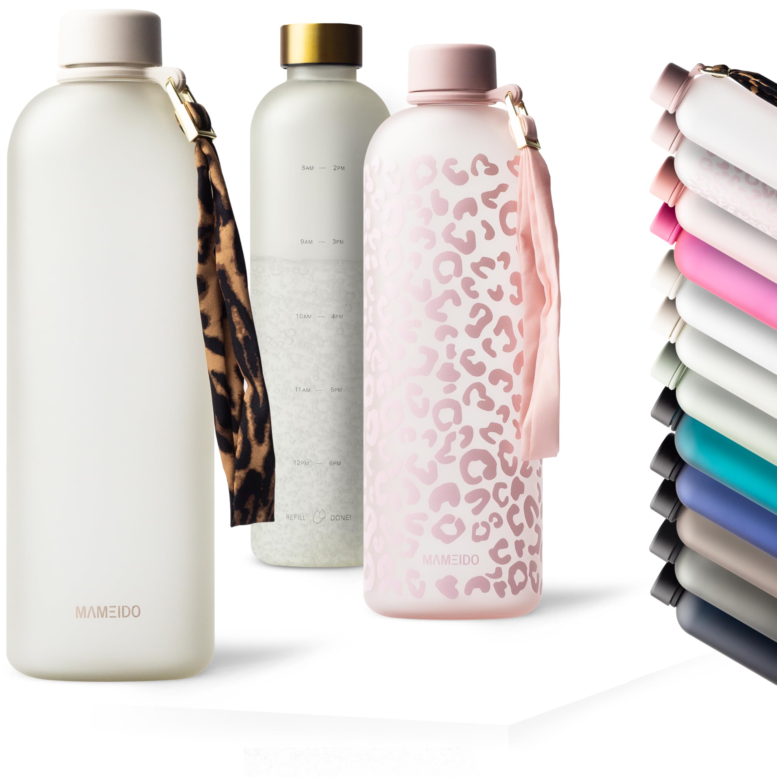 MAMEIDO Trinkflasche mit Zeitmarkierung 1,5 l Kohlensäure geeignet, auslaufsichere Water Bottle, Wasserflasche BPA frei für Sport, Gym & Büro (Ivory Beige)