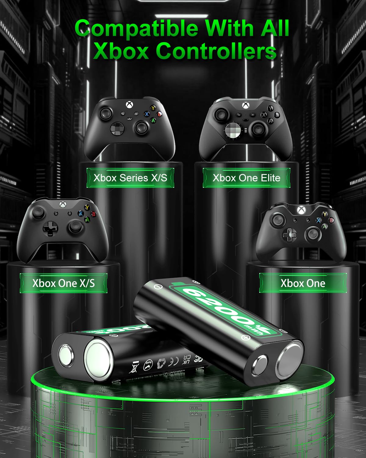 Batteria 6200mWh per Xbox One/Xbox Series X|S, 2 x 6200mWh 2.5H Stazione di Ricarica Rapida per Xbox Series X|S/Xbox One/S/X/Elite Controller