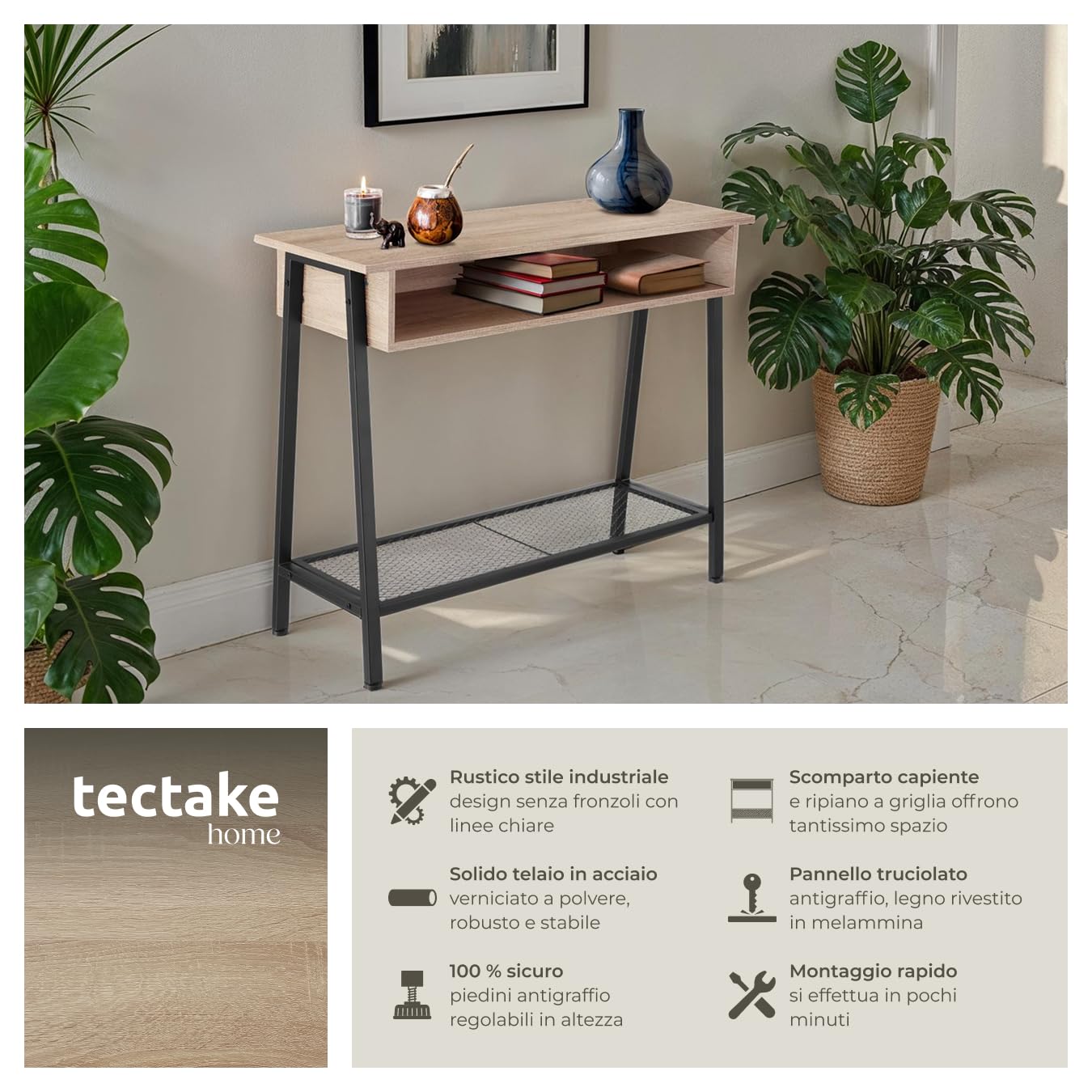 tectake® Tavolo Console, Struttura in Acciaio, Piano in Legno, Ripiano in Reticolato, Piedi Regolabili, Mobile Ingresso, Stile Industriale, Design Moderno - Industriale Legno Chiaro, Rovere Sonoma