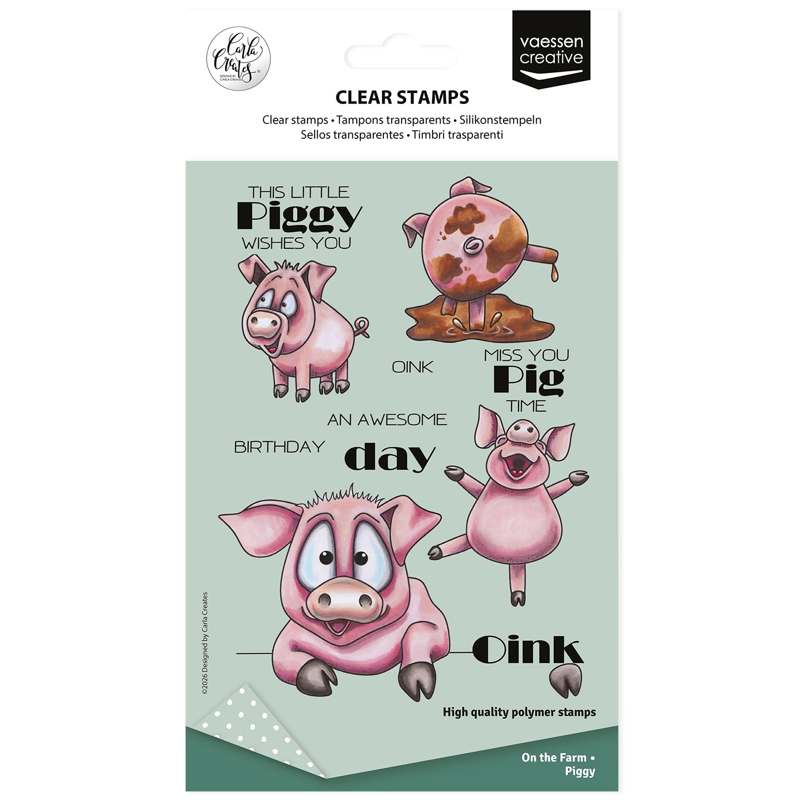Vaessen Creative Clear Stamps 19 Pcs - Pigs and Texts - Scrapbooking, Stamping and Card Making Supplies for Crafting