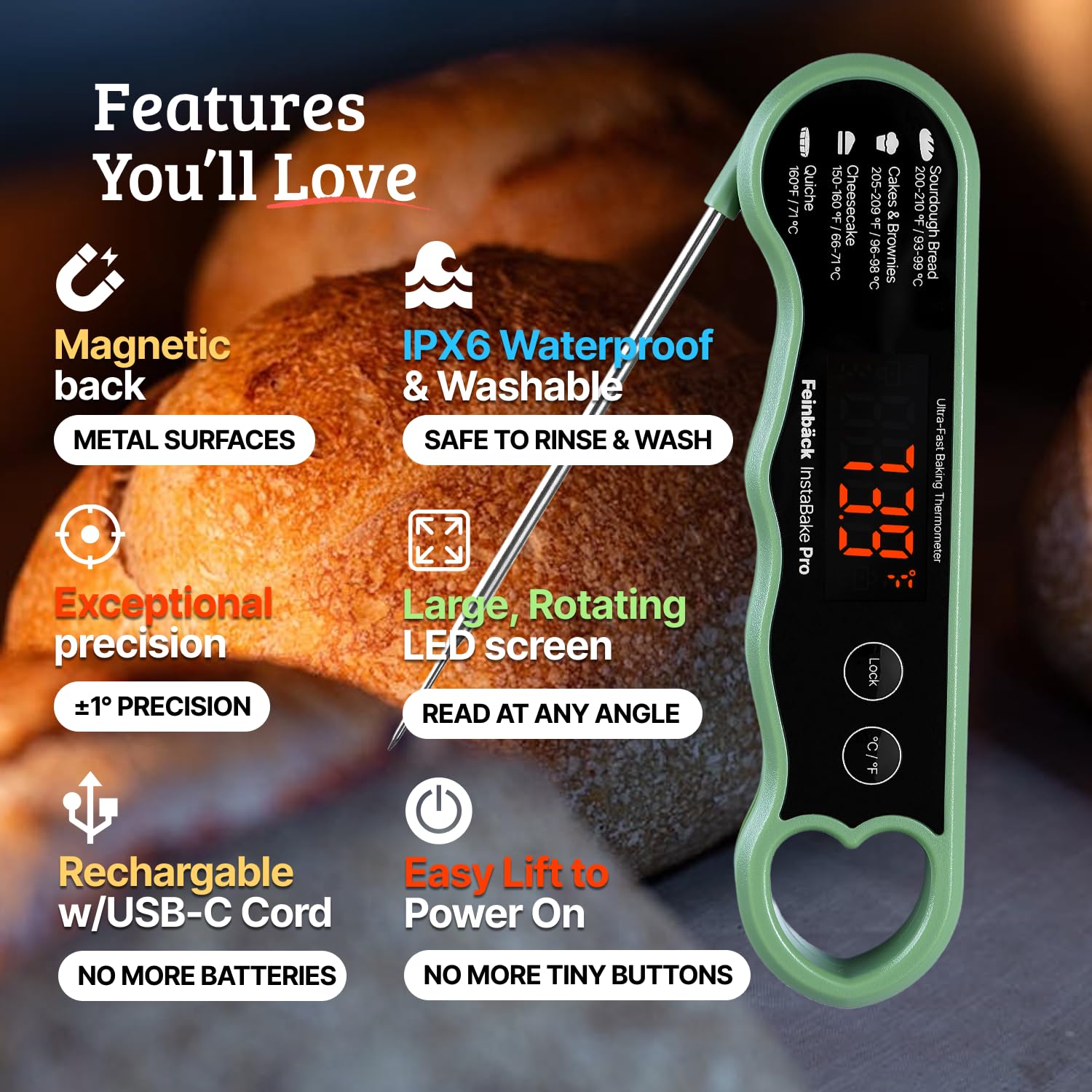 Thermomètre alimentaire professionnel à lecture instantanée pour la cuisson du pain au levain, du pain | Écran rotatif rechargeable | Thermomètre numérique à viande Gadget de cuisine