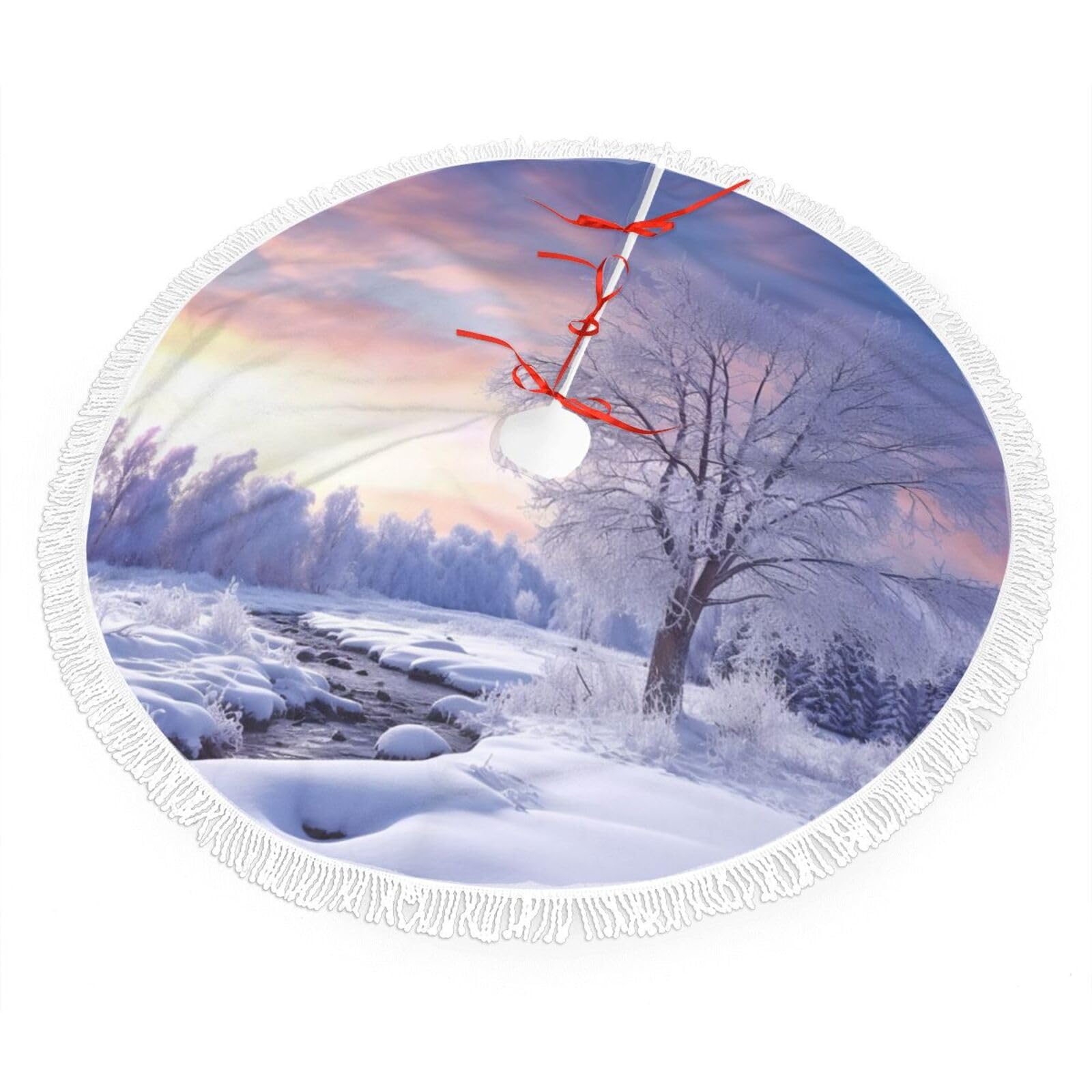 Winter Landscape Christmas Tree Skirt 36", Soft Plush Xmas Tree Carpet with Tassel Christmas Ornaments Winter Holiday Tree Mat Decoration for Home Party Supplies