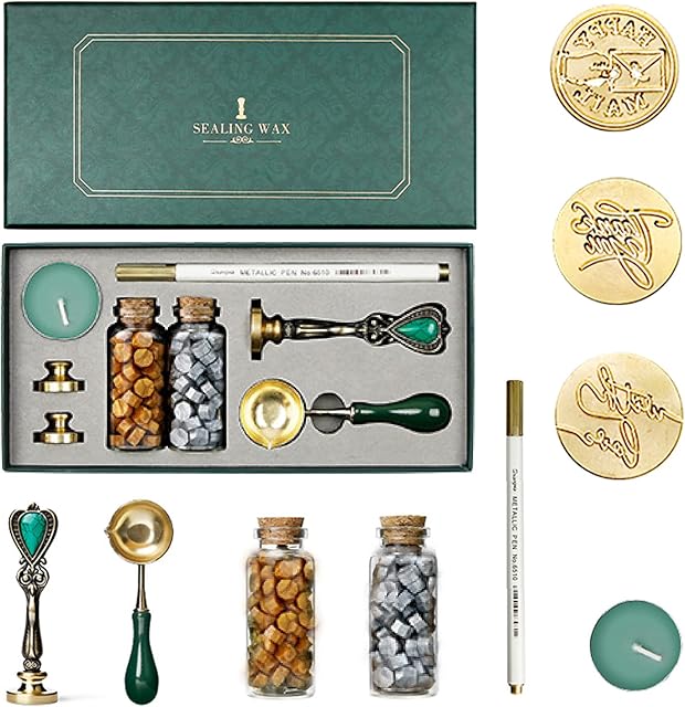 Personalised Wax Seal Stamp Kit Vintage Sealing Wax Beads Set Gift Box, 3 Wax Stamp Brass Heads with Retro handle/Spoon/pen for Envelopes Letters Wedding Invitations FestivalCards Gift# thank you