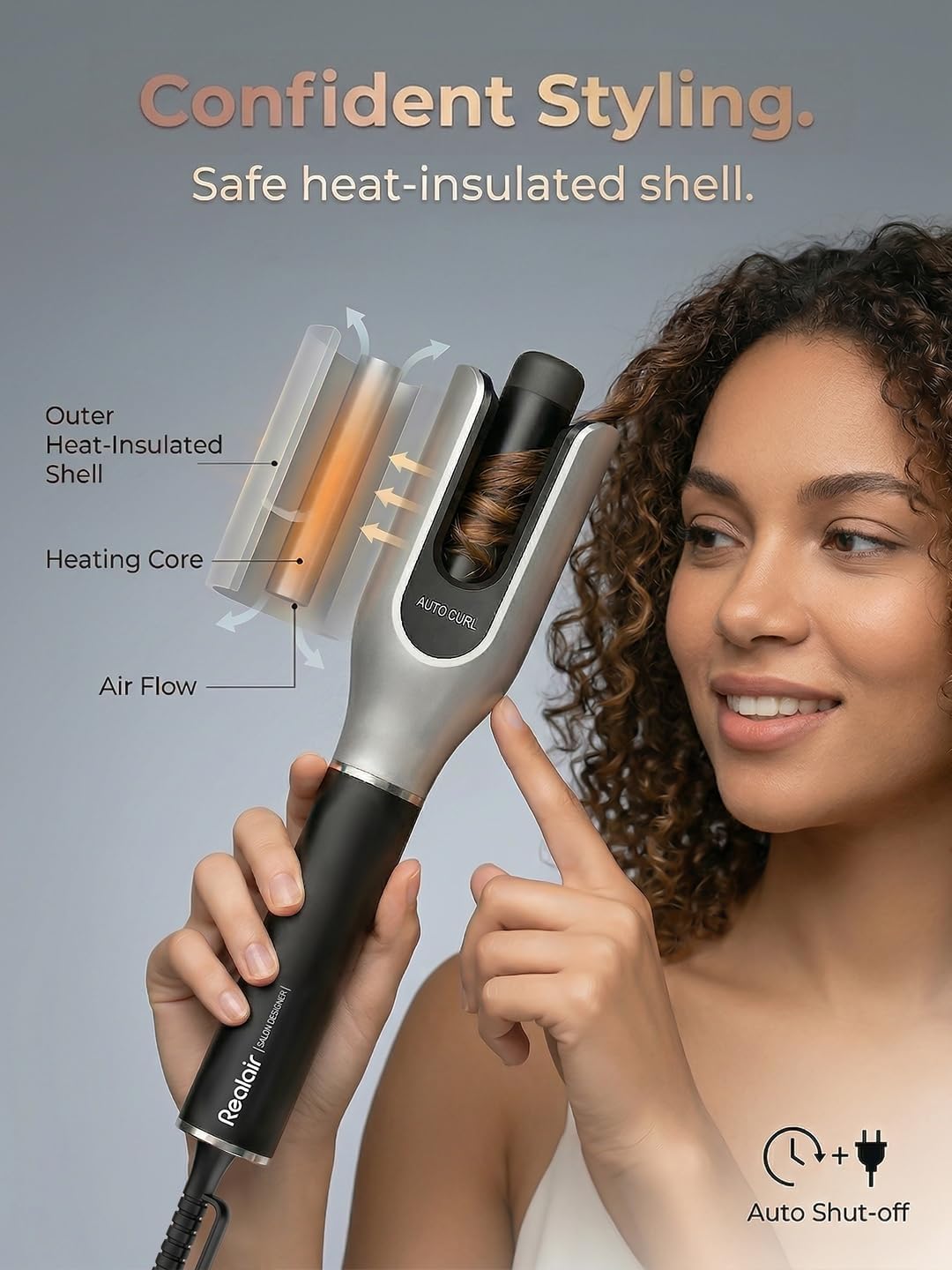 Automatic Curling Iron - 1 Inch Auto Hair Curler for Long Hair with 30s Fast Heating & 4 Temp LCD Settings - Anti-Scald Rotating Curling Wand, Travel-Friendly Dual Voltage, Silver