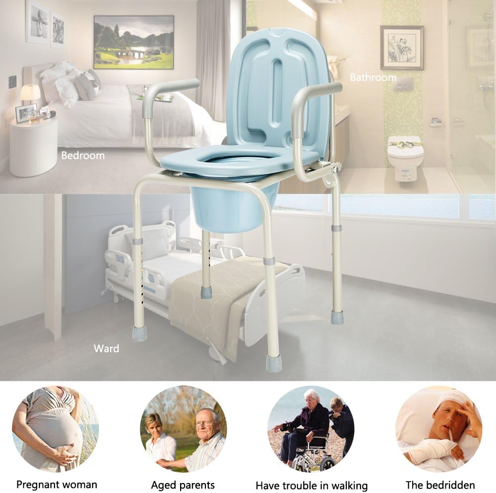 OMECAL 450lbs Drop Arm Medical Bedside Commode Chair, Homecare Toilet Seat with Safety Steel Frame, 8 Quart Capacity Pail, Adjustable Height Support Tool-Free Assembly : Health & Household