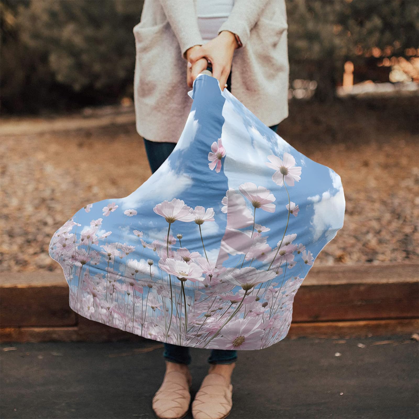 Nursing Cover for Breastfeeding Scarf, Sky Cloud Pink Flower Baby Car Covers Super Soft Multi Use for Canopy Shopping Cart Cover Blanket Stroller Cover