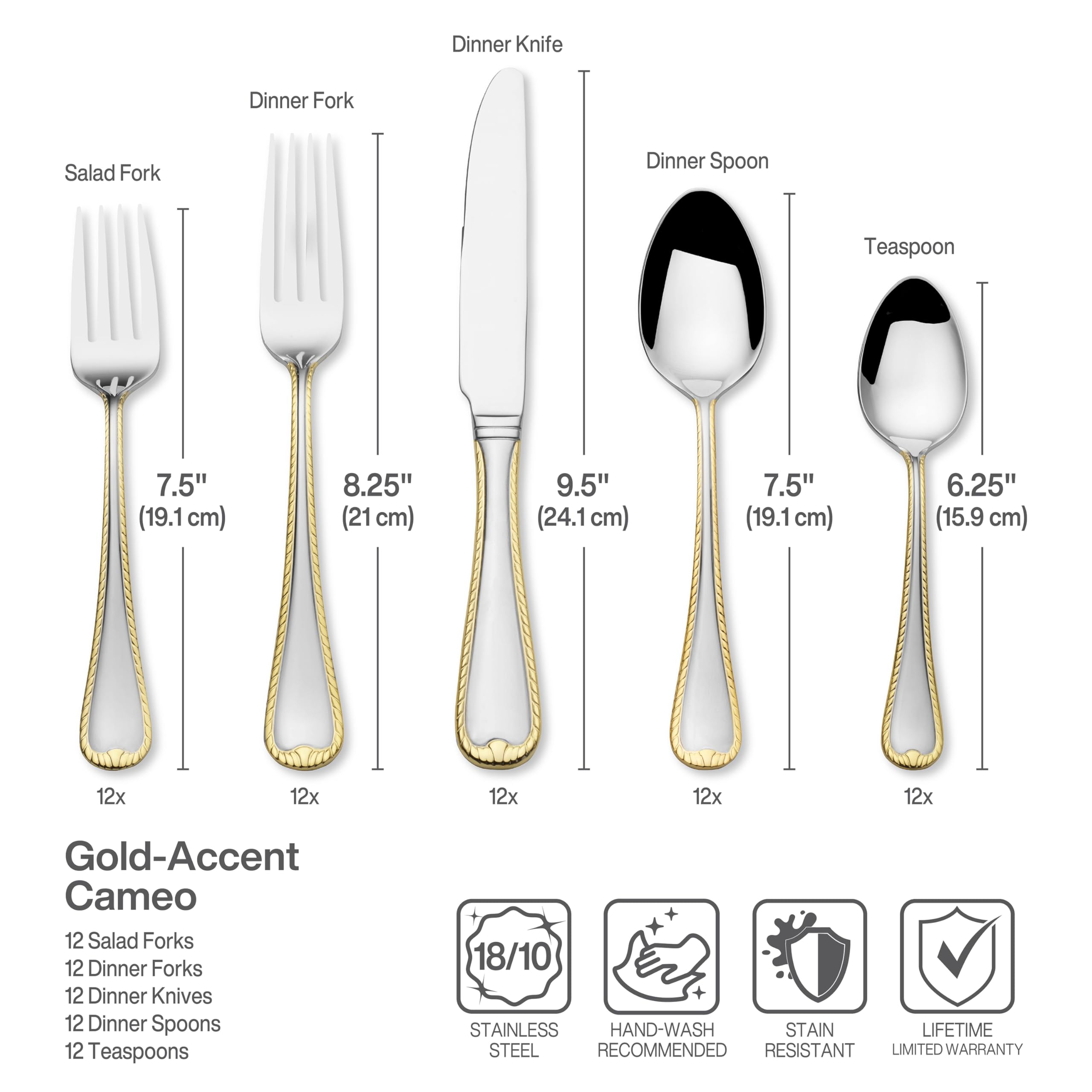 Mikasa Cameo Gold 65-Piece Flatware Set for 12, 18/10 Stainless Steel Silverware with 24-Karat Gold Accents, Teardrop Handles, Dishwasher Safe — Amazon image 4