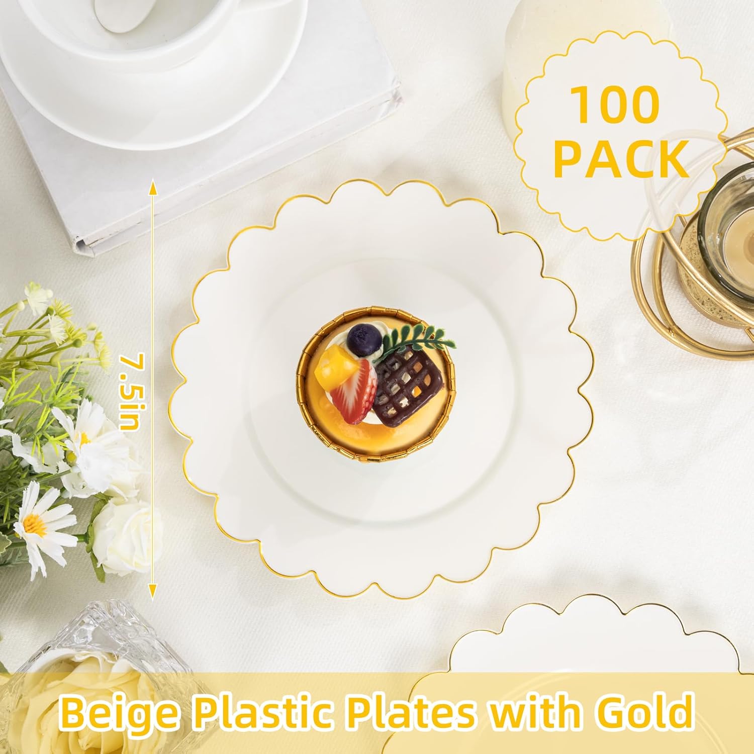 LIYH 100 Pcs Ivory Dessert Plates with Gold Rim- Ivory Plastic Plates 7.5" Disposable Scalloped Fancy Gold Plastic Plate,Baby Shower Cake Plate Party Suitable for Valentines Day or Mothers Day - Image 2