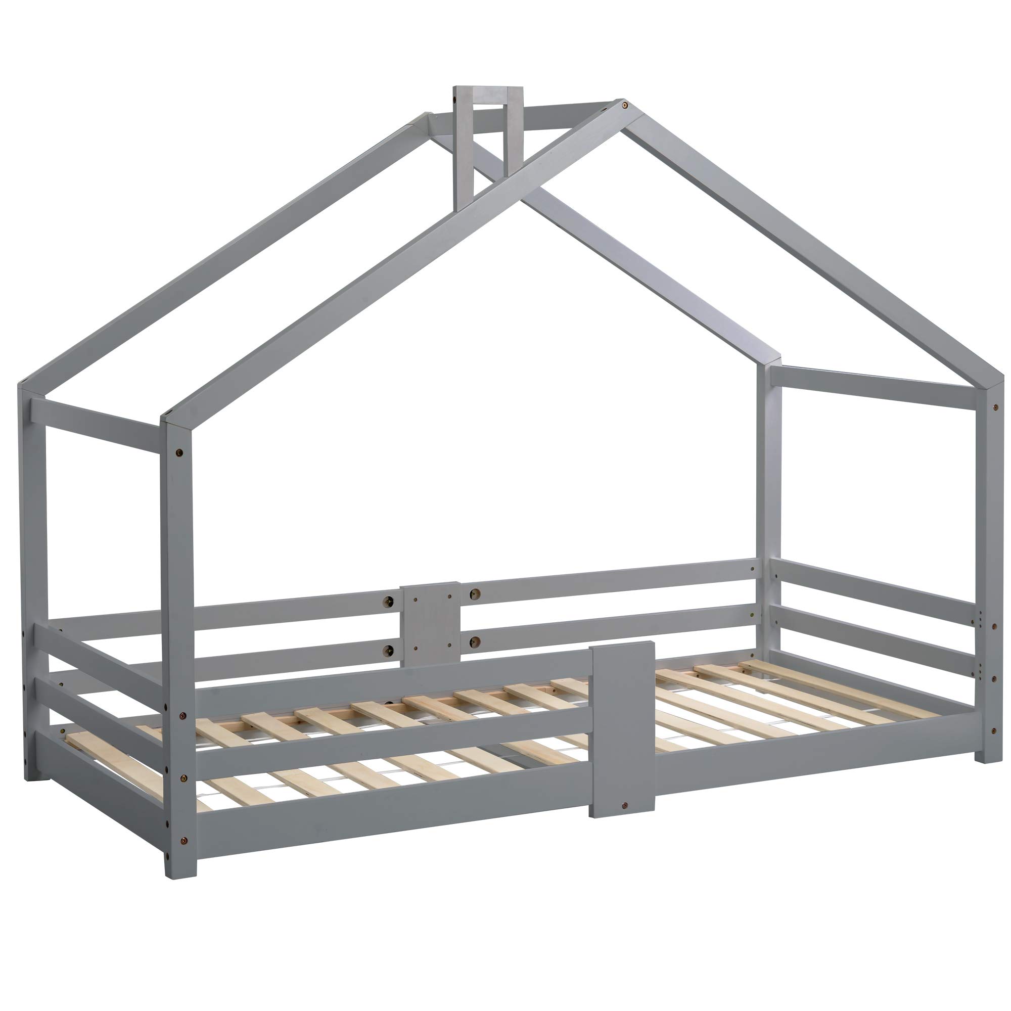 Gecheer Cama Infantil Forma de Casa, Cama Casita de Madera de Pino 90x200cm con Barandillas de Seguridad, Cama Niños con Listones Incluidos, para Dormitorio Infantil, 209x96x142.5cm YJXGGXP-QES-WF1979