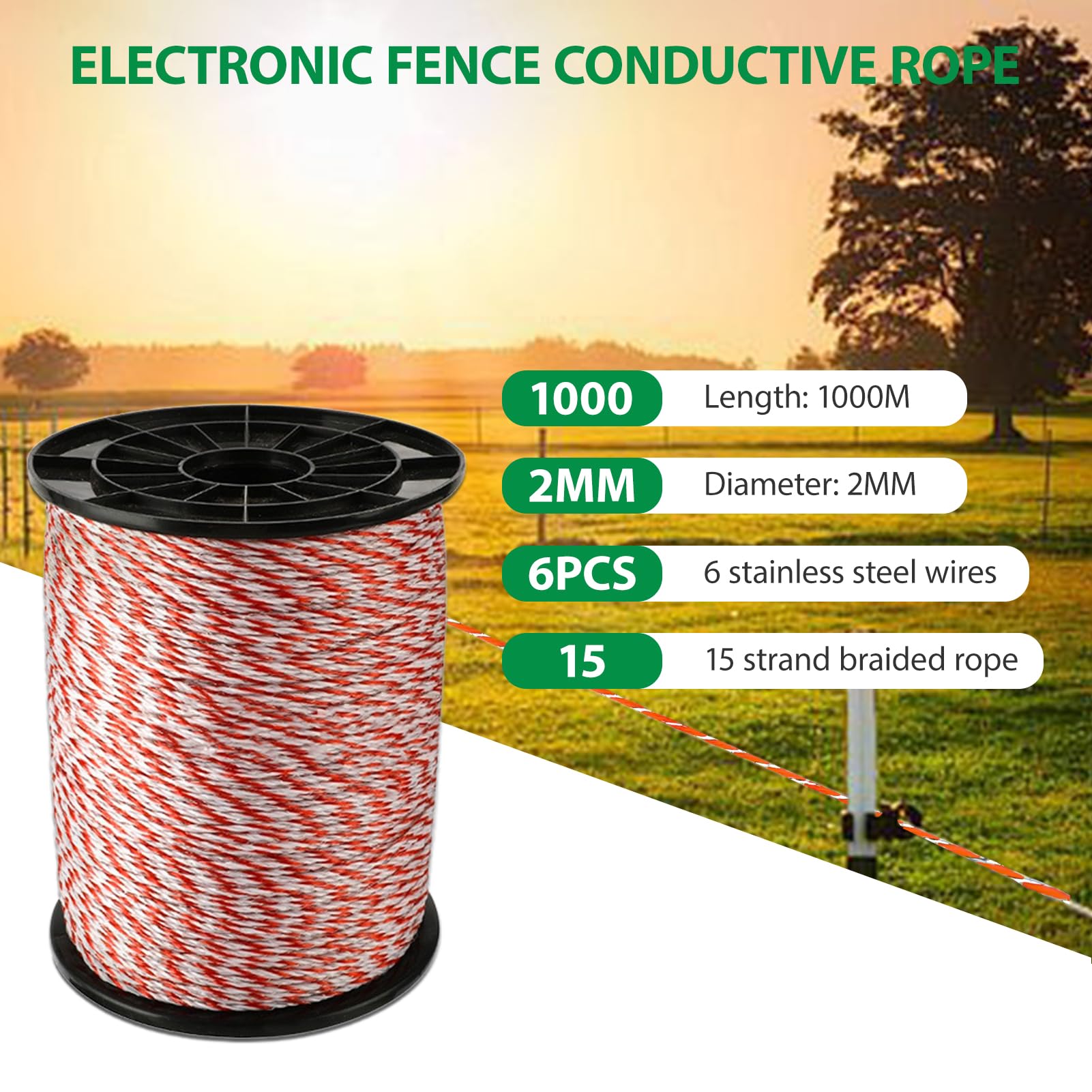 1000 M Fil de Clôture Électrique,Clôture Electrique pour animaux | 6 Brins de Fil Acier Inox,pour Clôture Electronique du Bétail,Résistant à Rouille, pour Chevaux, Vaches, Moutons et Chiens