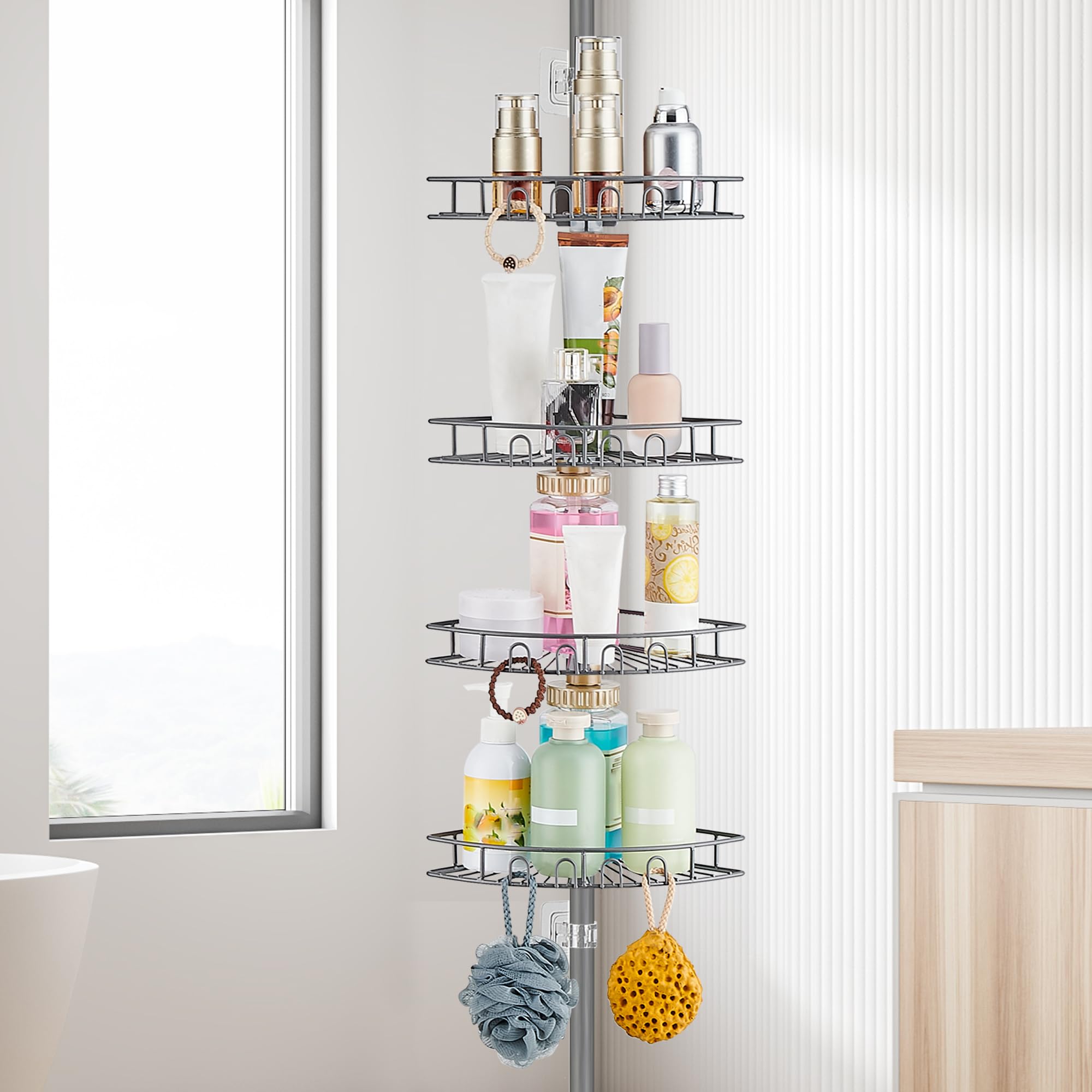 Mensola Doccia Telescopic Porta Sapone Bagno Angolare Senza Foratura con 4 Ripiani, Acciaio Inossidabile Regolabile 85-325cm, per Vasca da Bagno, Bagno, Doccia e Cucina, Grigio