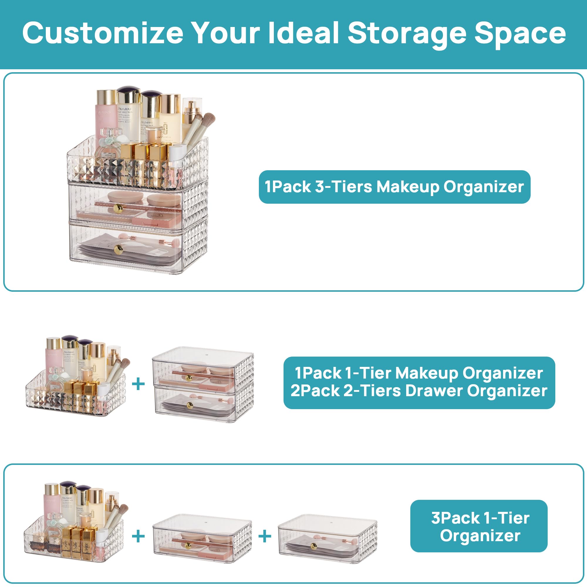 Vtopmart 3-Layer Makeup Organizer for Vanity, Stackable Makeup Storage Organizer for Vanity Dresser Bathroom Countertop, Cosmetic Display Cases with 2 Drawers and 1 Tray,Diamond Pattern Transparent