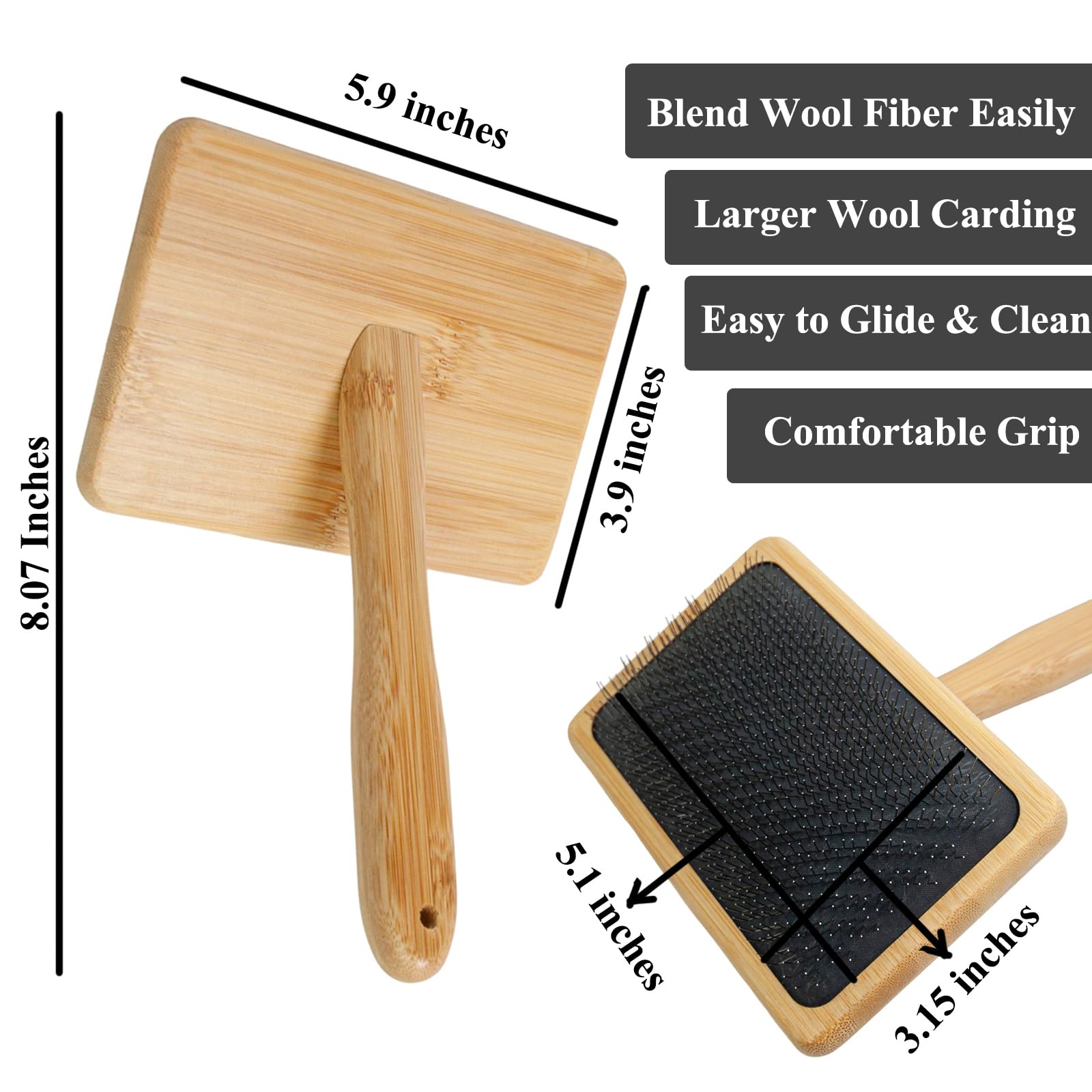 Cardador de lana más grande, 5.9 x 3.94 pulgadas, cepillos de cardado de lana de alambre, herramientas de fieltro de aguja con mango sólido, cepillo para perros, cardadores de mano de madera para