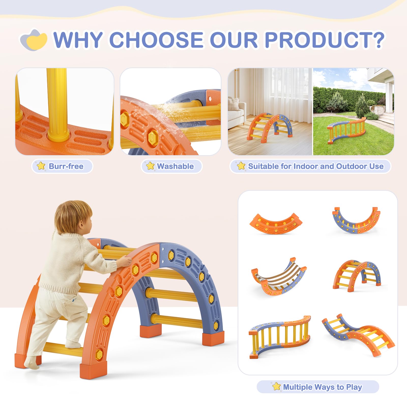 Montessori Ensemble de cadres d'escalade pour l'intérieur, triangle d'escalade avec demi-cercle, housse en plastique, salle de gymnastique d'escalade pour bébé, bleu orange 003