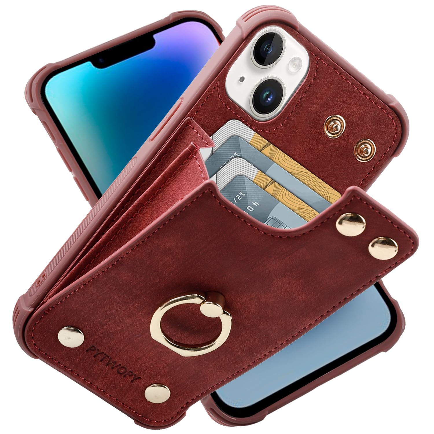 iphone 14 plus/15 plus wallet case with credit card holder,leather shockproof protective phone cover supports 360°rotation ring stand and rfid blocking for apple iphone 14 plus,burgundy