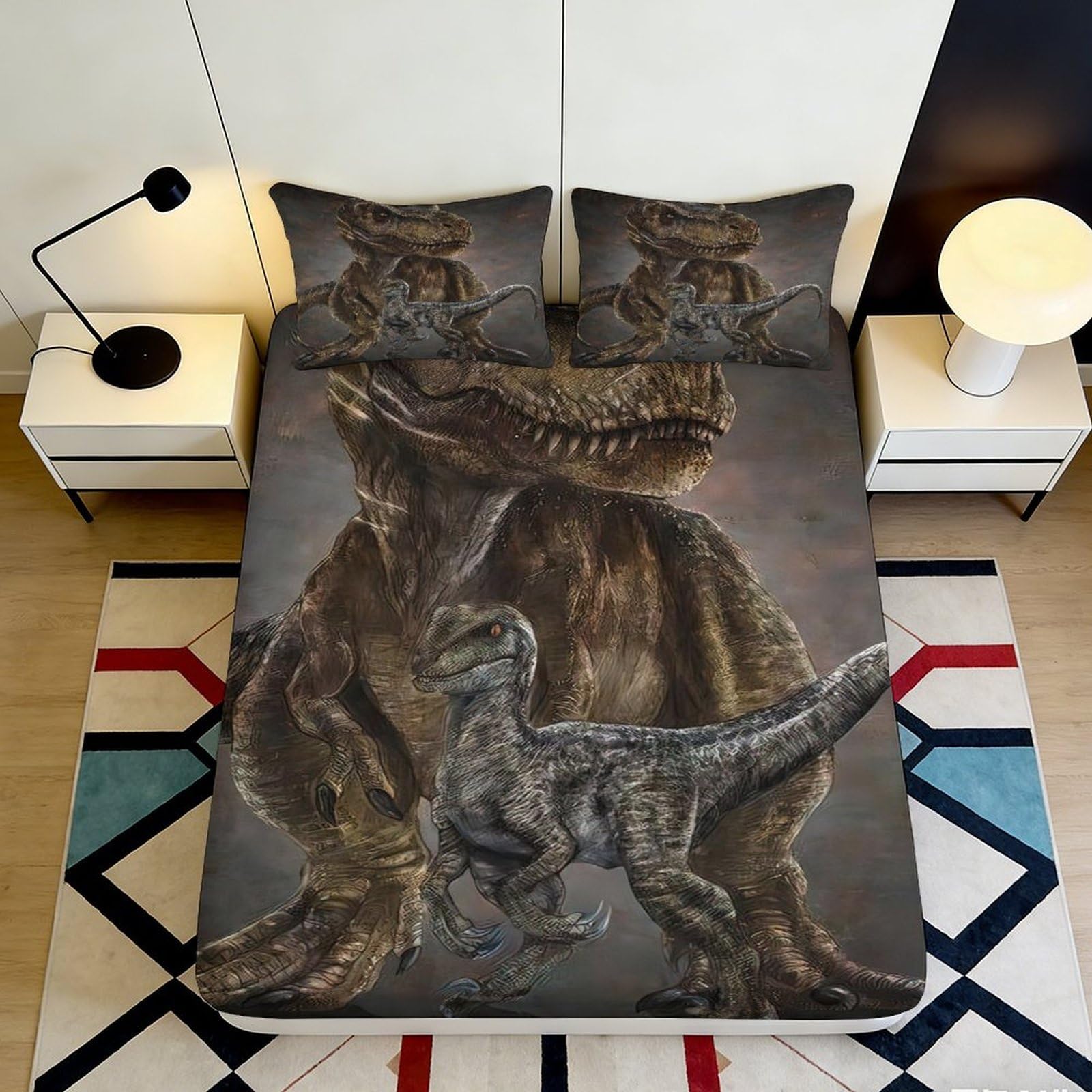 3D Printed Dinosaur Jungle Fitted Sheet Microfiber Soft Breathable Prehistoric T-Rex Mattress Cover Bedroom Decor 119 180x200x25cm