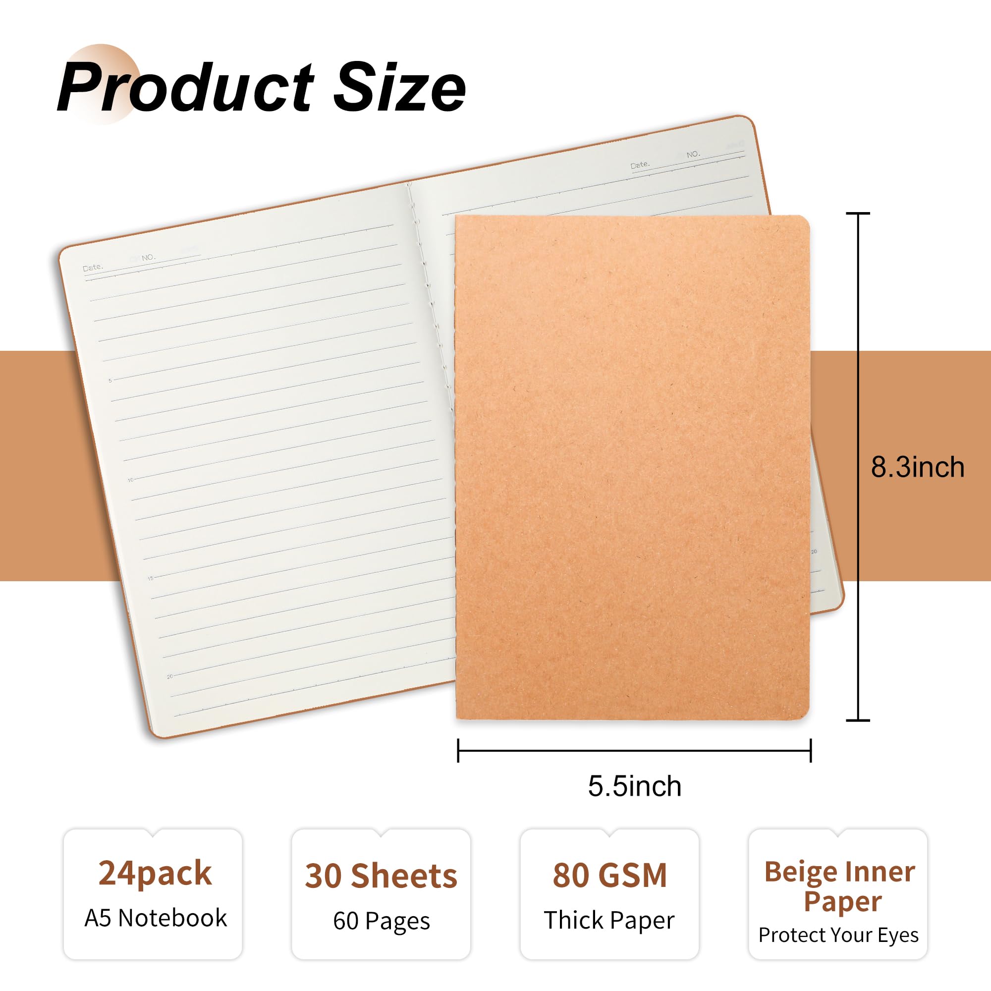 miikoul Cuadernos pequeños, cuadernos en blanco a granel sin forro para niños, estudiantes, escuela, oficina, viajeros, suministros de boceto/dibujo/escritura (24, página interior de línea Kraft)