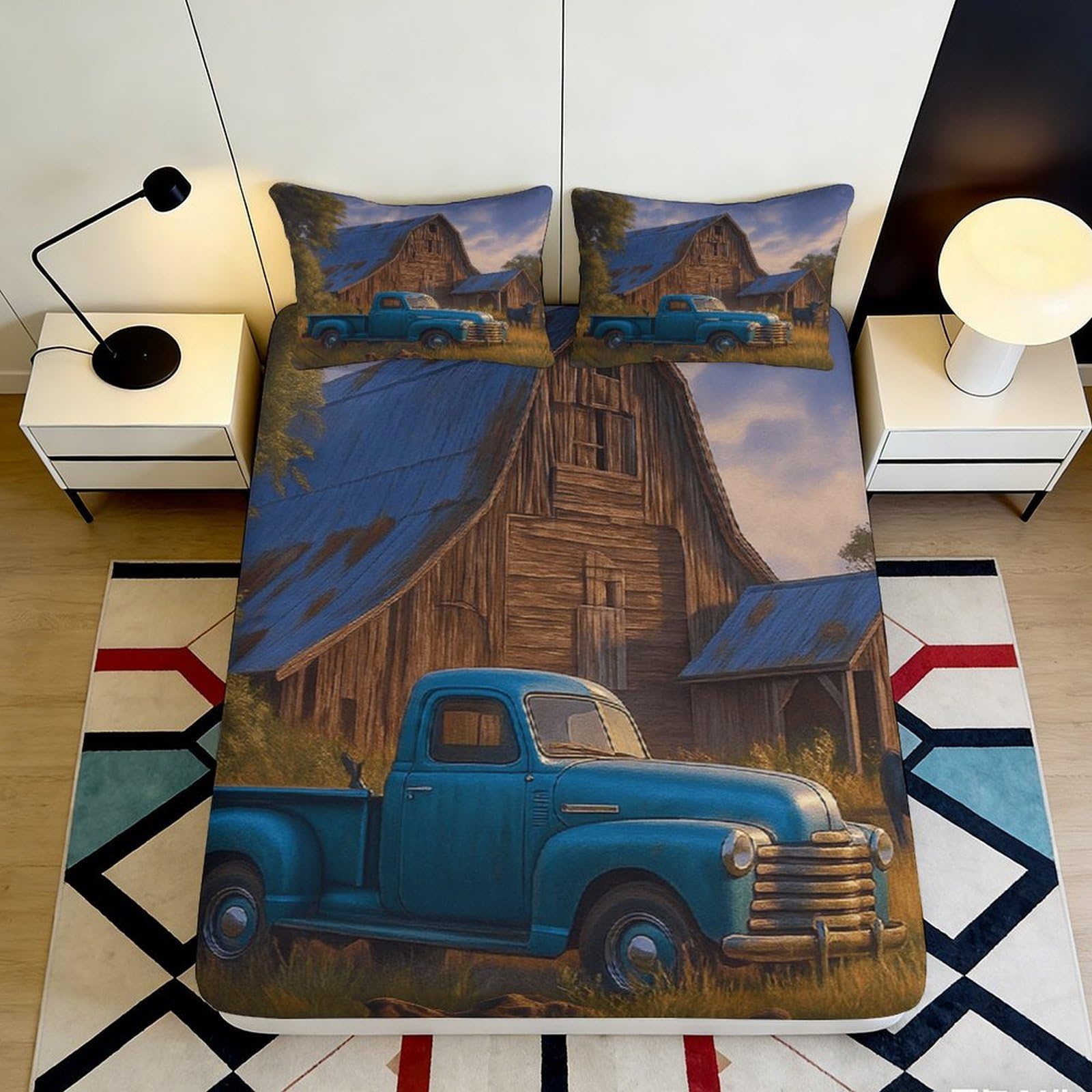3D Printed Vintage Blue Truck Fitted Sheet Microfiber Rustic Barn Mattress Cover Non-Slip Machine Washable Decor for Bedroom 140x200x25cm