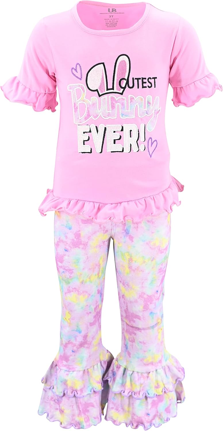 Unique Baby 2 Piece Girls Double Ruffle Leggings Outfit with Short Sleeve Shirt Kid and Toddler Clothes Set