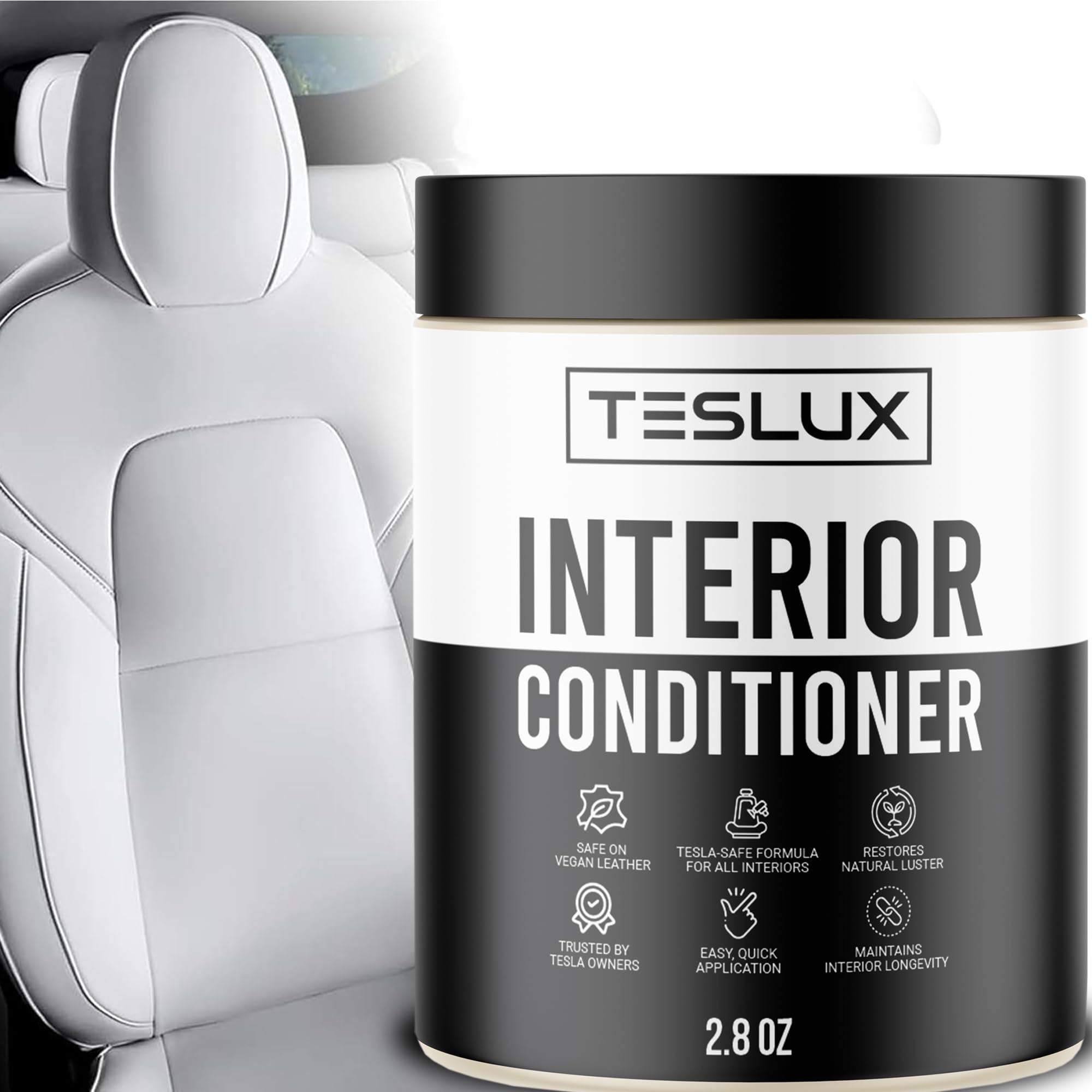 Interior Conditioner for Tesla White & Black Vegan Leather - Maintain, Protect & Polish - Solution for Interior - Ideal for Seats, Doors, Console, Dash - Accessories for Tesla Model 3, Y, S, X