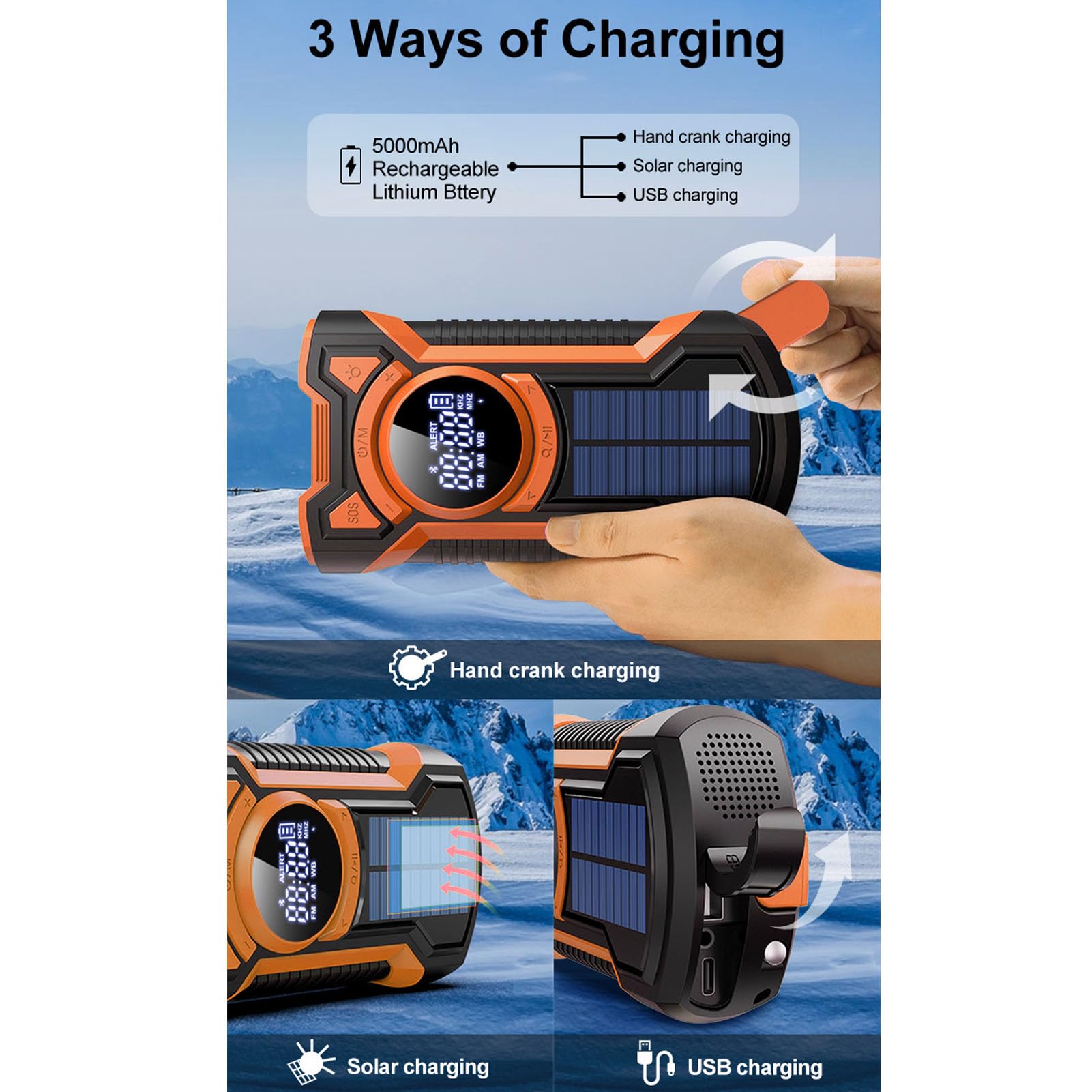 Radio de Emergencia 5000mAh Radio Meteorológica NOAA Am FM WB con Manivela Solar, Linterna LED SOS y Cargador de Teléfono, Radio Portátil a Prueba de Agua IPX5, Bluetooth 5.3 para
