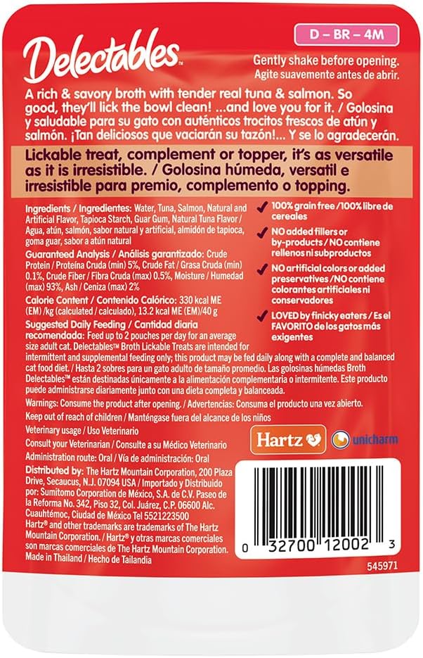 Delectables Hartz Savory Broths Tuna & Salmon Lickable Wet Cat Treats,(Pack of 24)