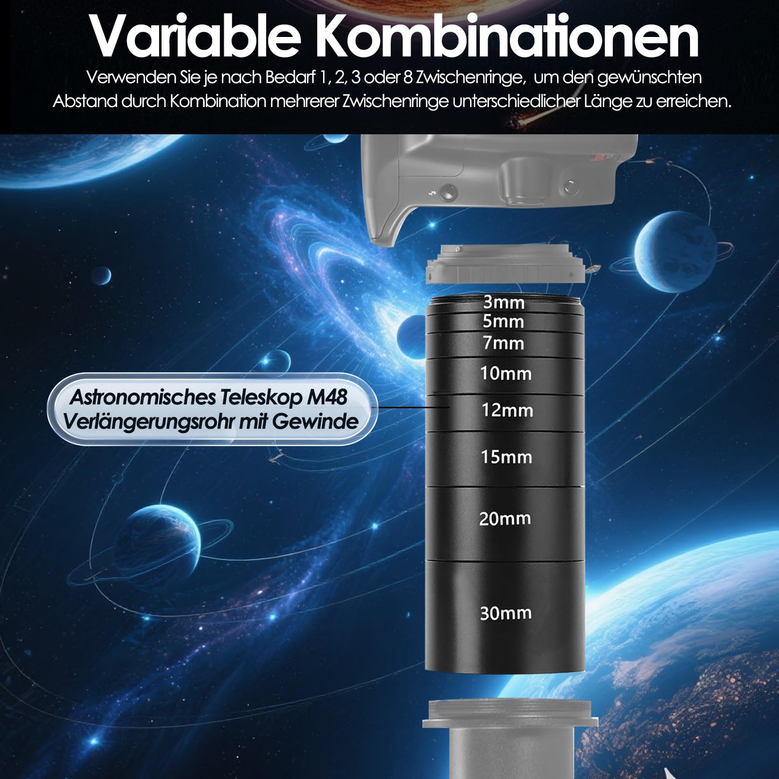 Set 8 Tubi Prolunga M48x0,75 Per Telescopi - Anelli Estensione 3-30mm, Alluminio, Per Astrofotografia - Foto 4