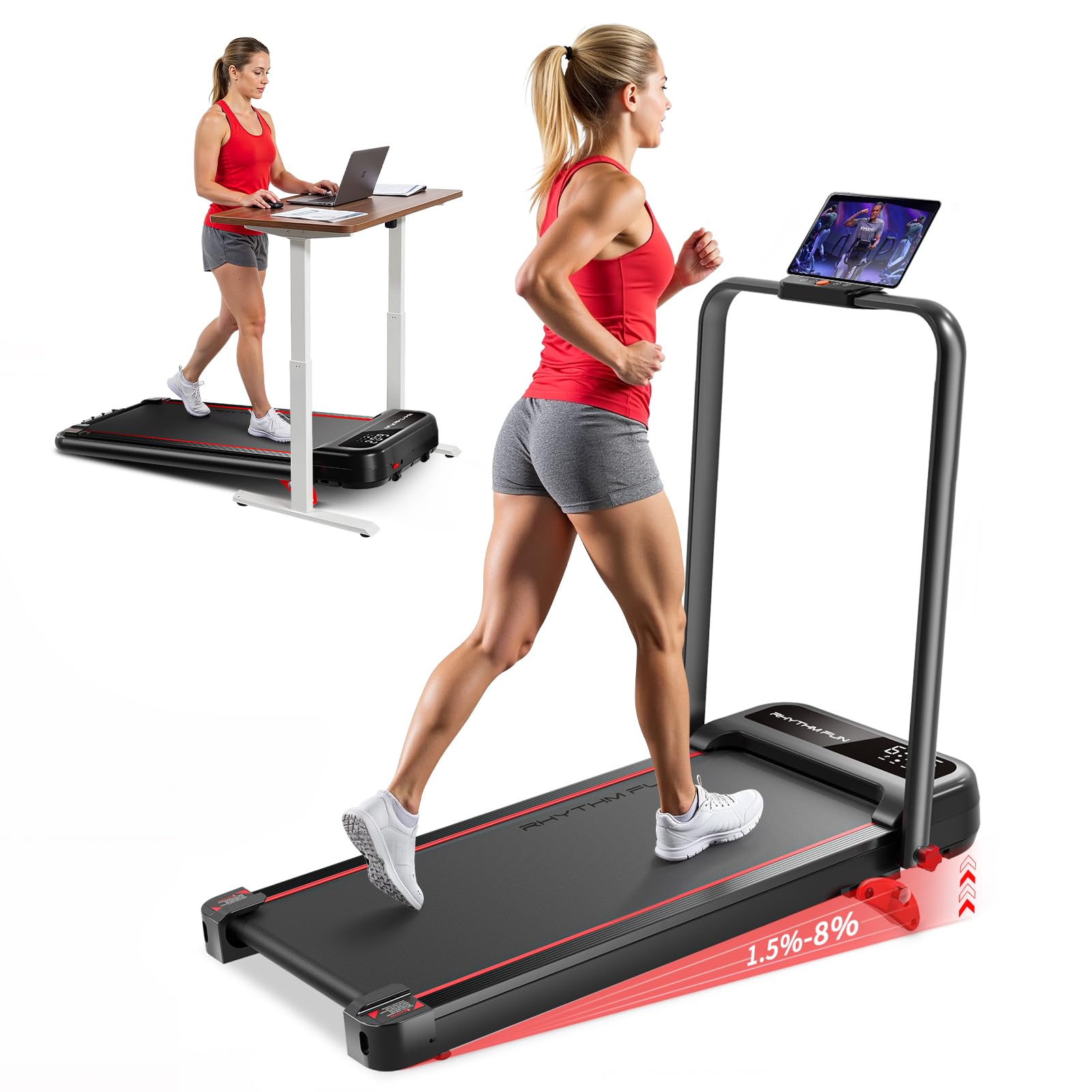 RHYTHM FUN Treadmill with Incline, Walking Pad with Handle Bar,300lbs Walking Pad with APP, Portable Folding Walking Treadmills for Home/Office with Low Noise
