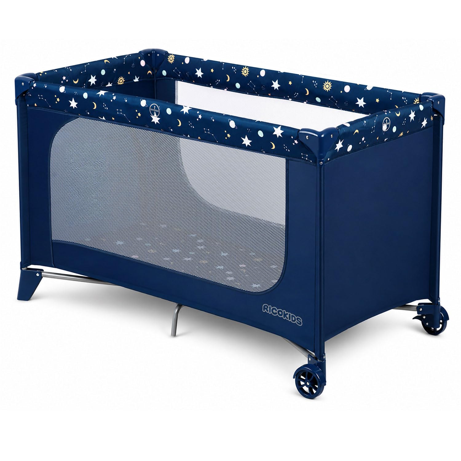 Ricokids Lit de Voyage Pliable pour bébé avec Matelas - Sac de Transport - 125 x 65 x 78 cm - Bleu foncé avec étoiles