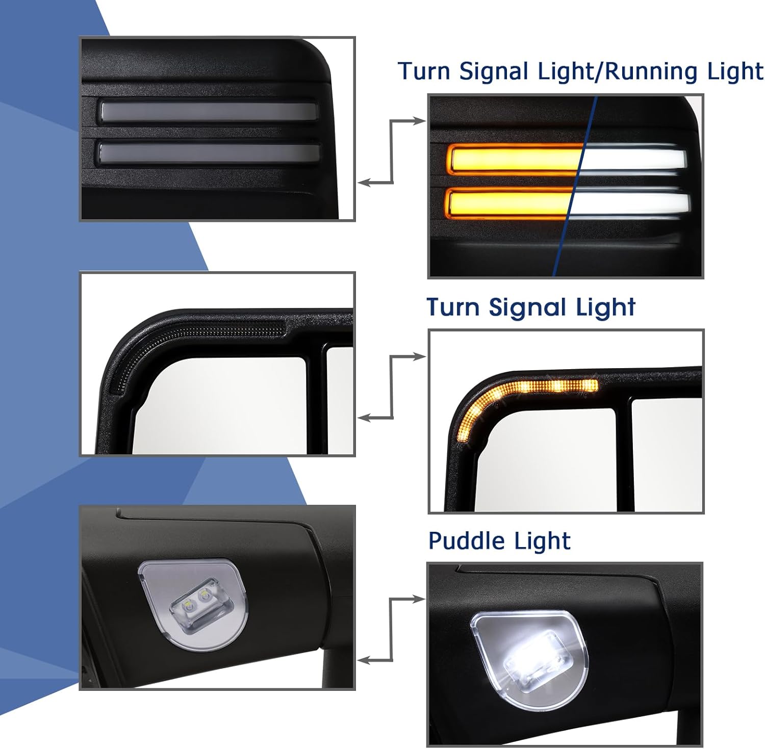 Power Folding Switchback Towing Mirror Replacement with 2009-2018 Dodge Ram 1500 2500 3500 Pickup Truck with Power Adjusted Glass Heated LED Running Light Turn Signal Light Puddle Lamp Temp Sensor