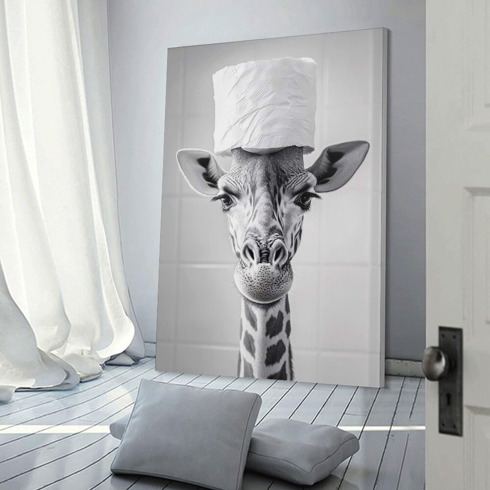 Junmoney Giraffe with Toilet Paper Hat Canvas Wall Art, 16x24inch(40x60cm), for Workspace Walls, Study Corners Or Bedrooms, An Interior Accent for Desk Areas