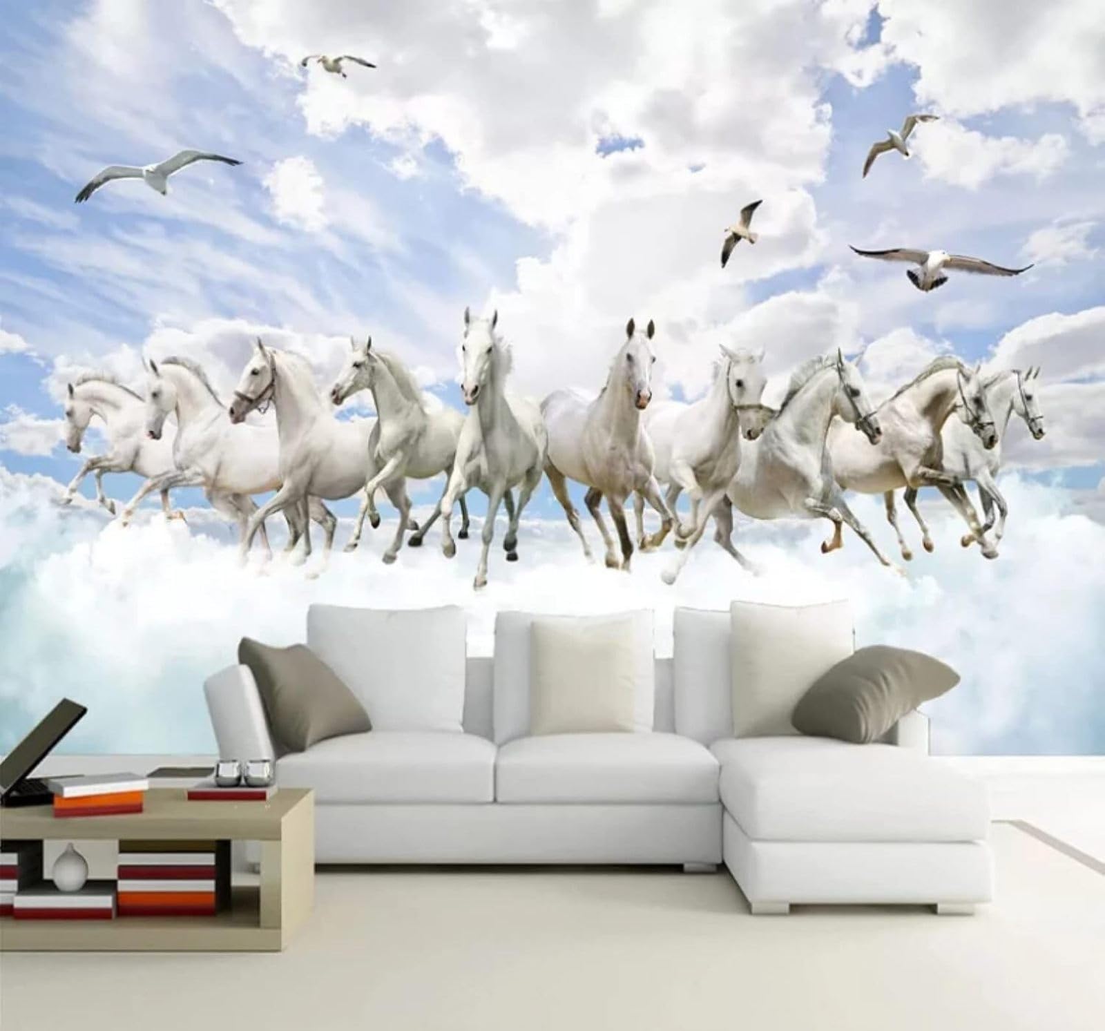 XLMING Blue Sky White Clouds Birds in Flight Galloping White Horse 3D Wallpaper Luxury Silk Study Dining Feature Sofa Grey Bedroom Living Room Tv Decorative Wall-300cm×210cm