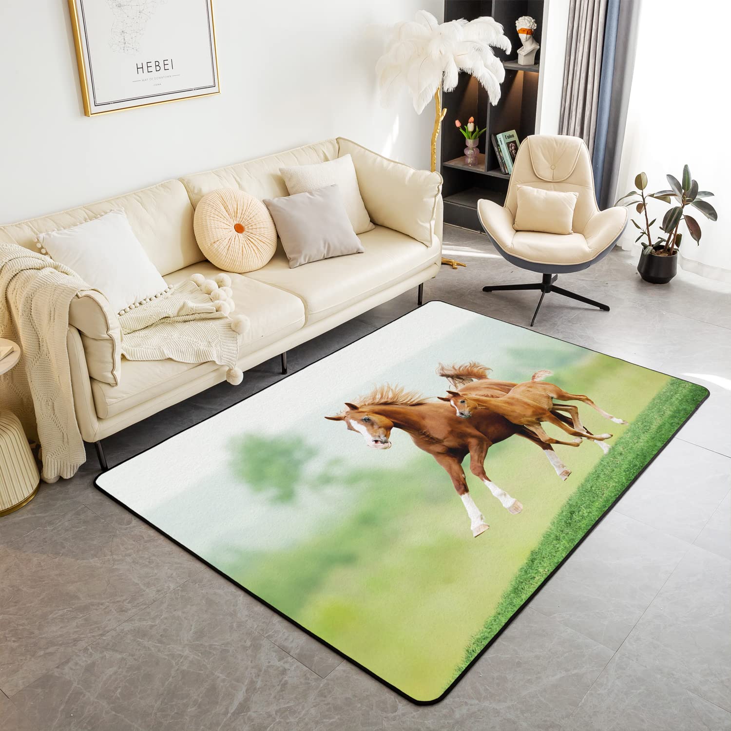 Horse Area Rug,Galloping Horse Decorative Carpet,Cute Animal Decor Kawaii Farm Cowboy Green Brown Indoor Floor Mat, 100 * 150cm โ image 1