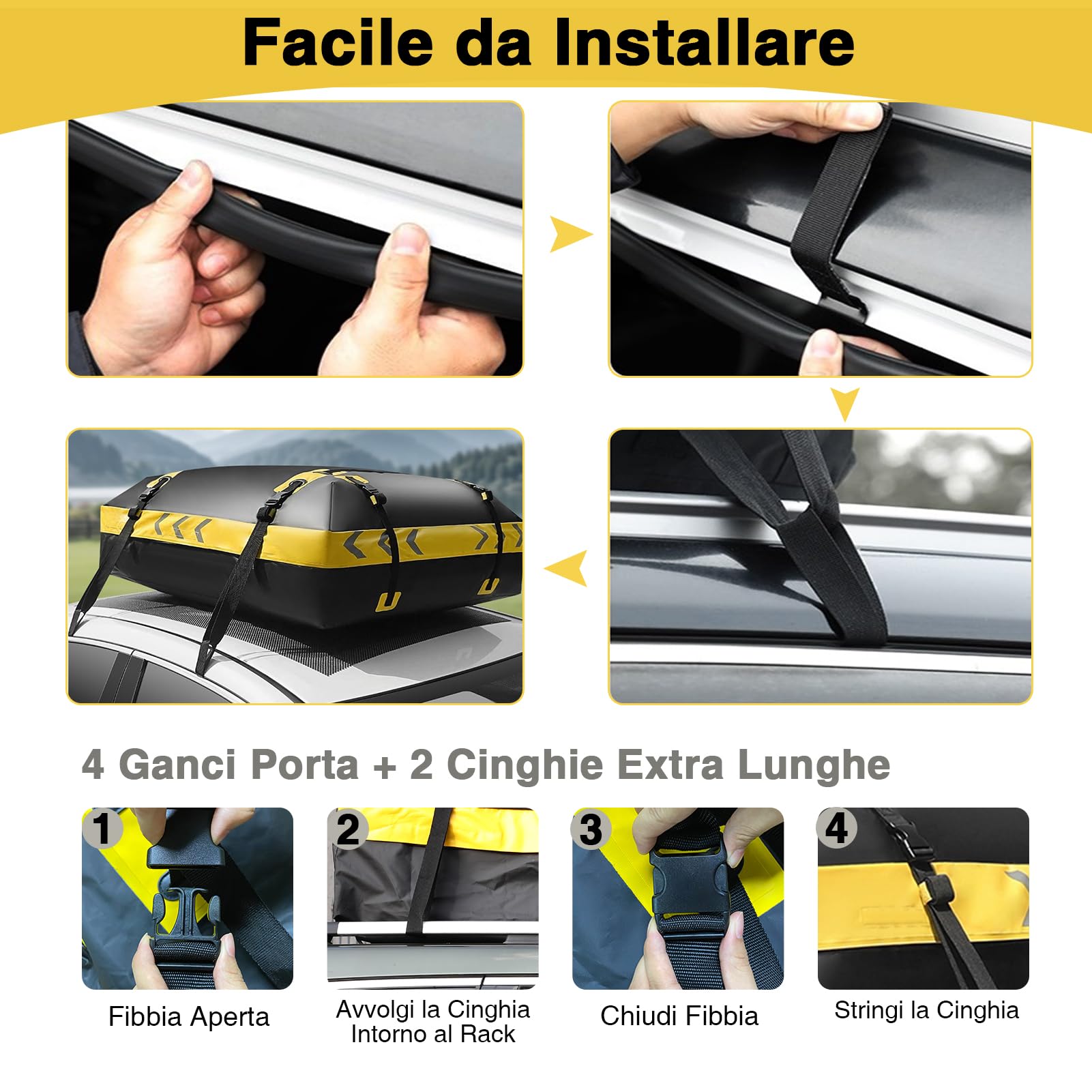 JOBYNA Borsa da Tetto, 15 Piedi Cubi /425 L Bagaglio da Tetto Impermeabile, Box Tetto Auto Pieghevole per Auto Con/Senza Portapacchi, Include Tappetino Antiscivolo+2 Cinghie+ 6 Ganci+Lucchetto