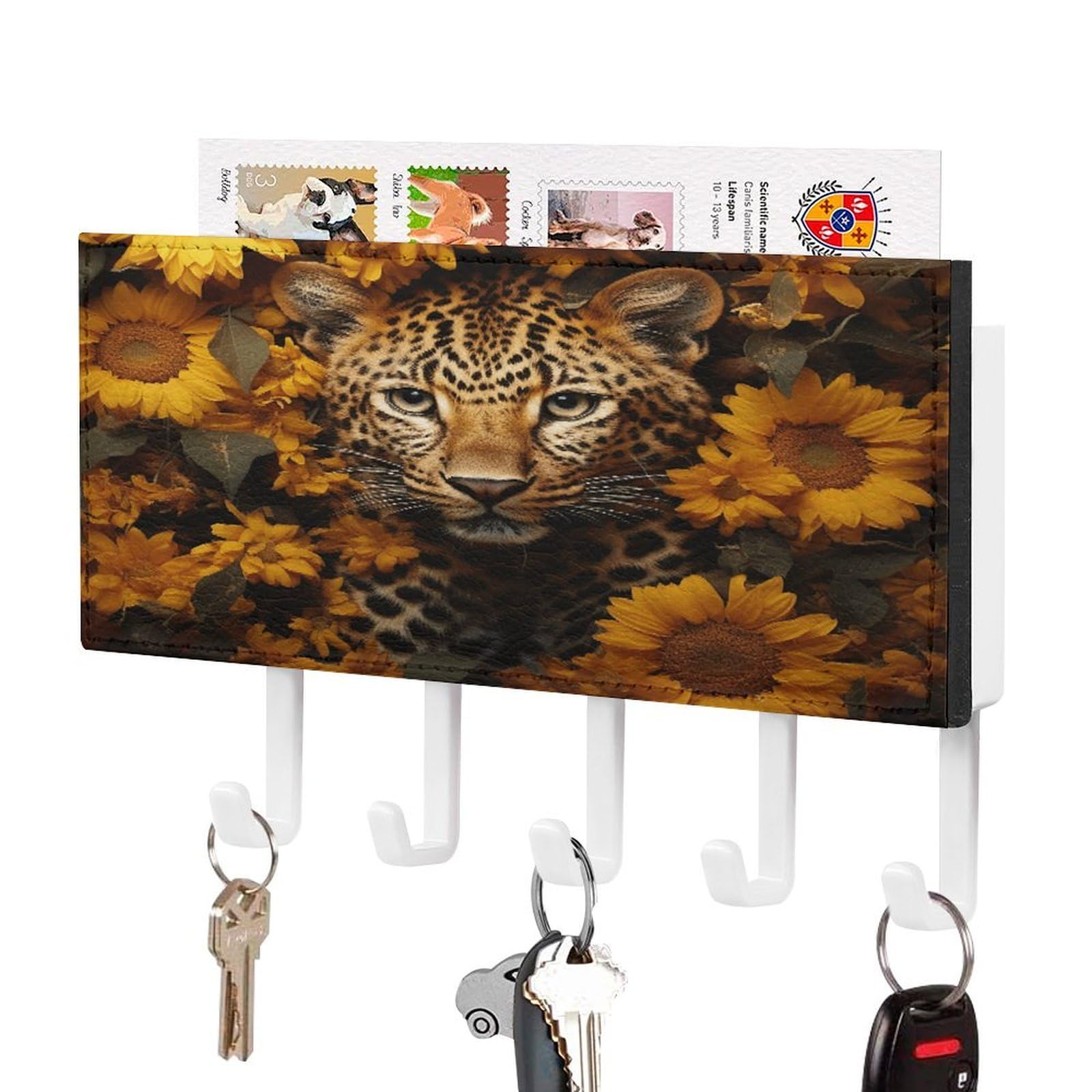 FekiLoot Leopard and Sunflower Key Holder Wall Mount Key Hanger with 5 Hooks Decorative Key Rack Hanging Key Hooks with Mail Organizer Key Holder for Wall Living Room Kitchen Bathroom Hallway White