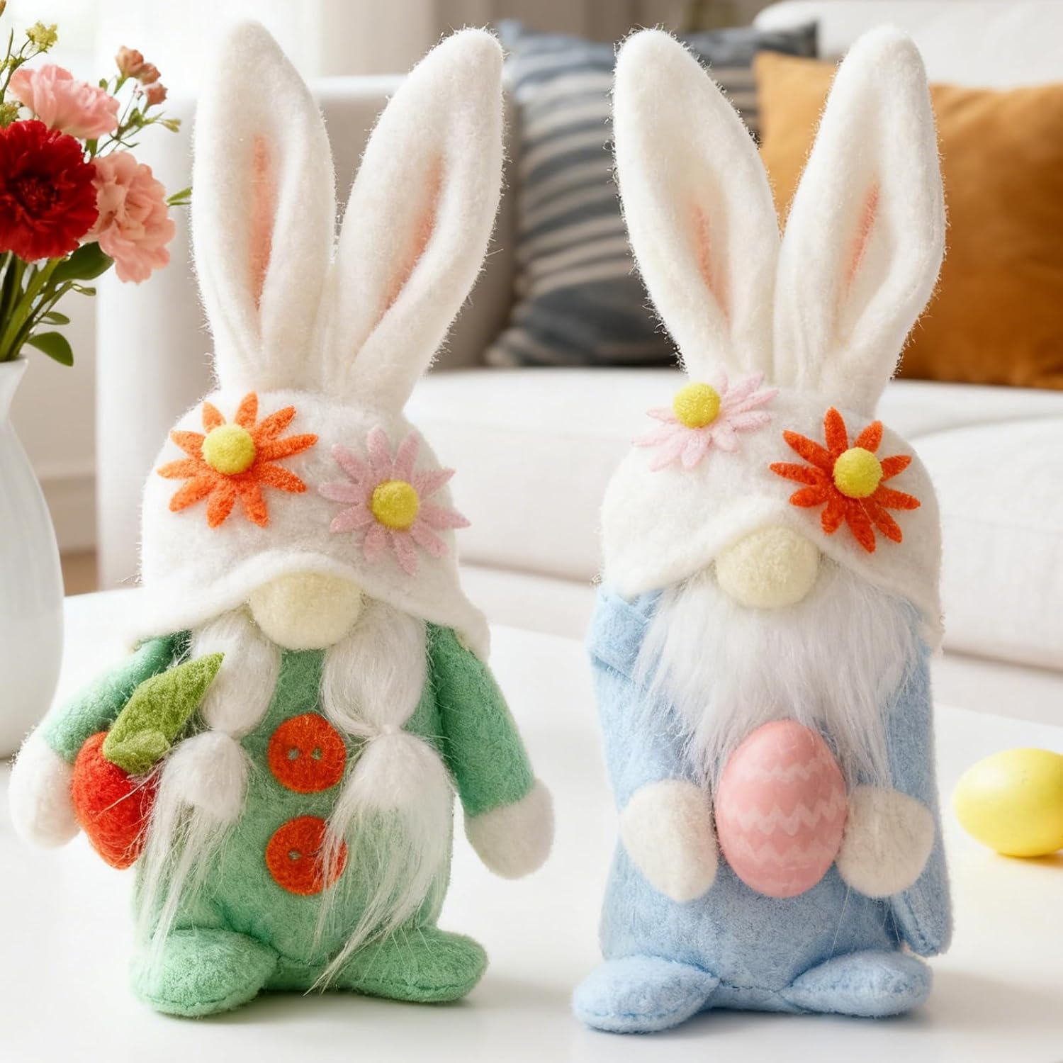WDS WONDROUS Easter Decorations Bunny Gnomes Decor, 2-Pcs Soft Rabbit Ear Gnome Stuffed Doll with Carrot & Easter Egg, Cute Spring Decor Home Decor for Sofa Bedside Table Easter Party