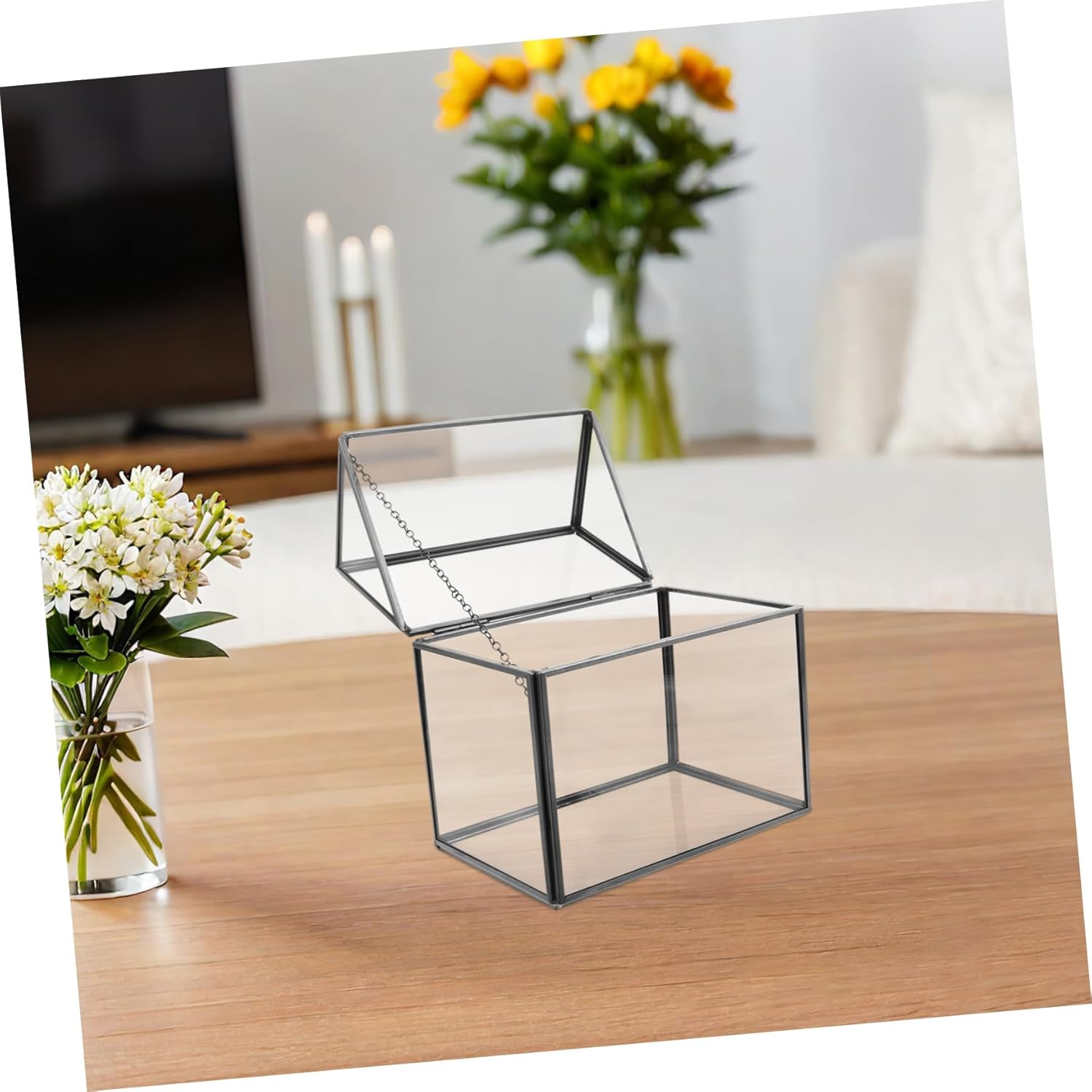 Amosfun House Shaped Glass Terrarium Planter Box Indoor Greenhouse with Swing Lid for Housewarming Air Plant Display Office Decor Miniature Garden Geometric Design