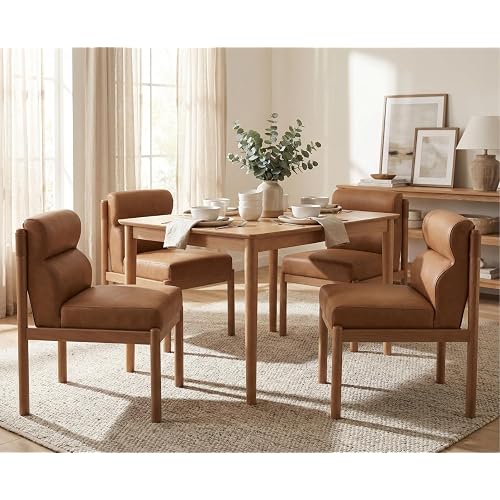 CIMOTA Modern Upholstered Dining Chairs Set of 4, Faux Leather Kitchen & Dining Room Chairs Boucle Armless Side Chairs with Curved Backrest/Solid Wood Legs, PU Brown