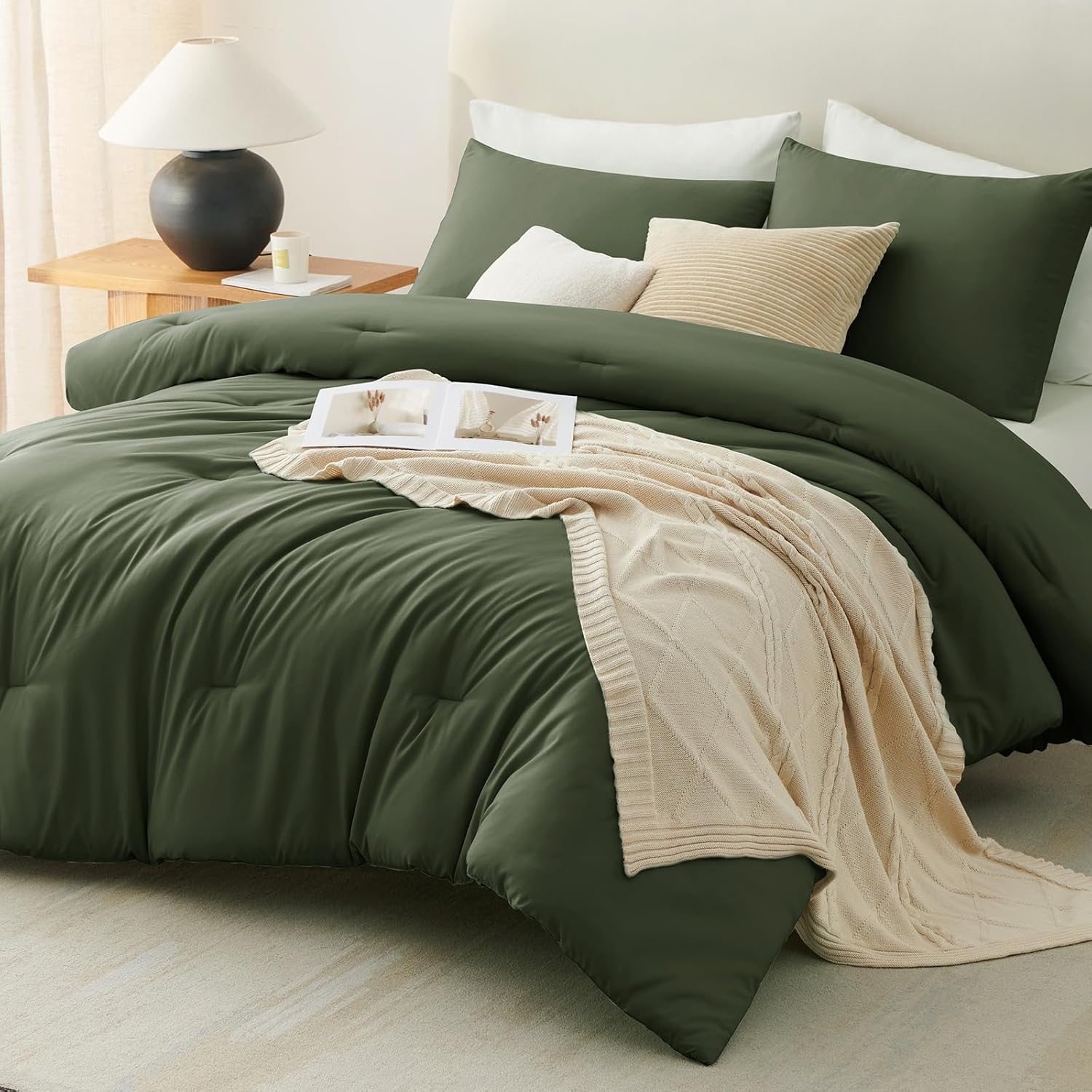 CozyLux Dark Olive Green Queen Comforter Set, 3 Pieces Solid Breathable Quilted Style Bedding Set, Luxury Fluffy Soft Bed Set with Down Alternative Comforter All Season (1 Comforter & 2 Pillowcases) - Image 7