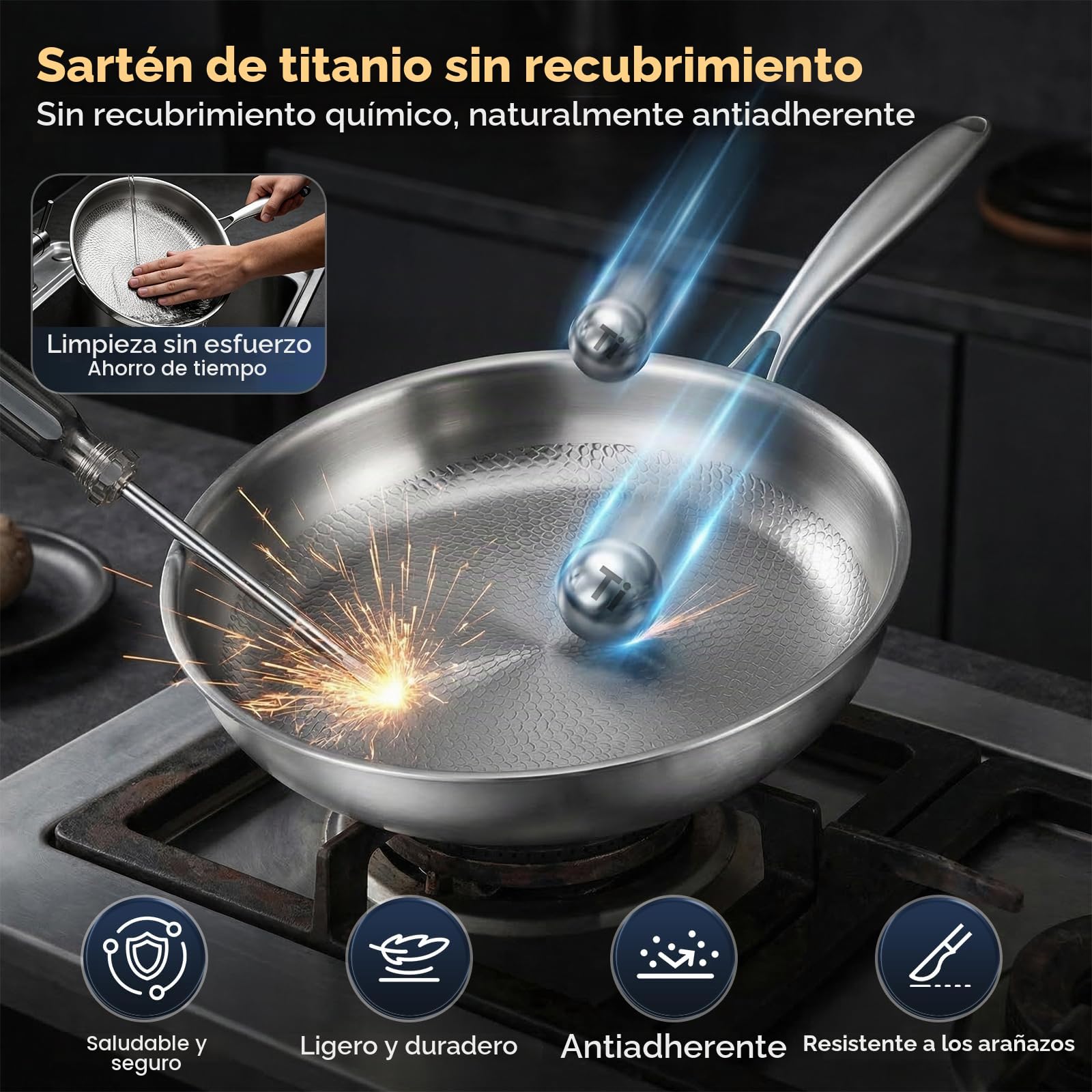 Sartén de titanio de 26 cm, sartén de titanio con tapa antiadherente, revestimiento de titanio, resistente a los arañazos, con todo tipo de fuegos para cocinar
