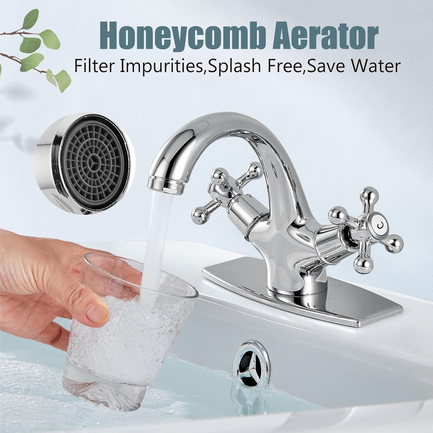 Aolemi Bathroom Sink Faucet Single Hole Cold and Hot Double Handle Cross Knobs Vanity Vessel Sink Basin Mixer Tap with Deck Cover Plate with Pop Up Drain Polish Chrome