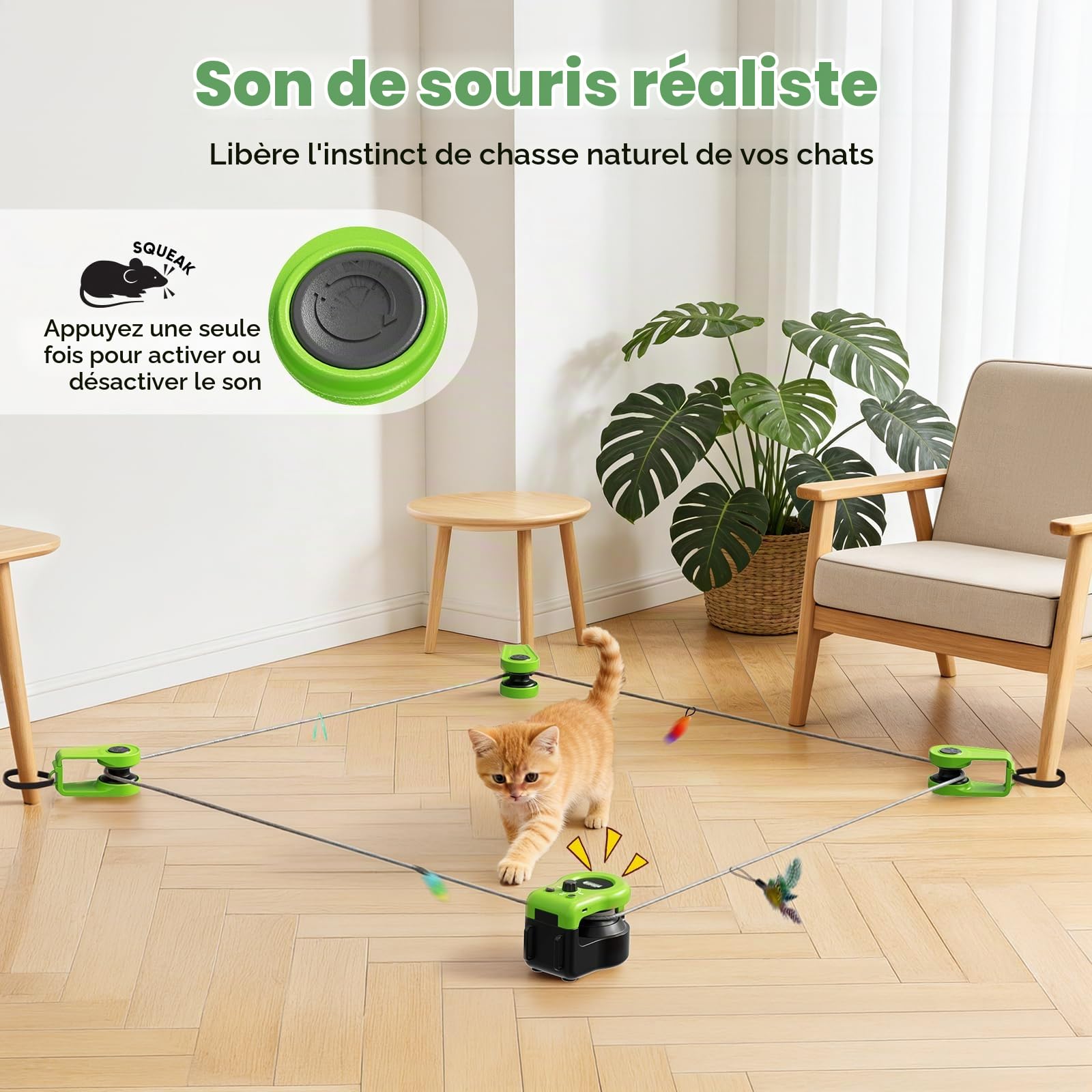 Jouet pour Chat d'Intérieur, Nouveau Tapis de Course pour Chats, Jouets pour Chats avec Commande Automatique/Télécommande et Vitesse Réglable, Jeu de Poursuite, DIY Parcours Personnalisable (Vert)