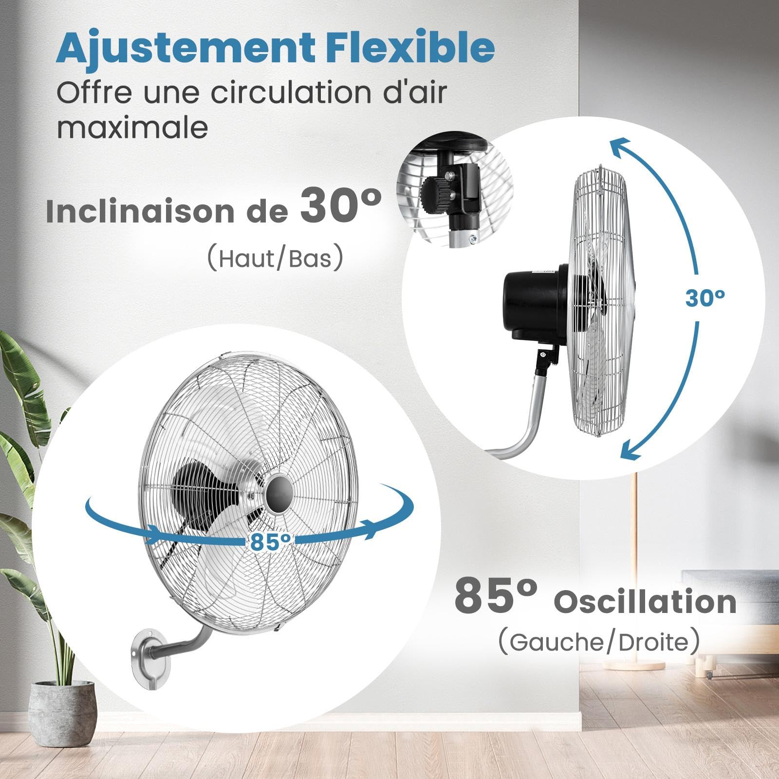 GOPLUS Ventilateur Mural φ56cm avec 3 Pales Aluminium, Ventilateur 3 Vitesses, Inclinaison 30° & Oscillation 85°, Grille Sécurité et Panneau Contrôle, pour Patio, Garage, Bureau (Argent)
