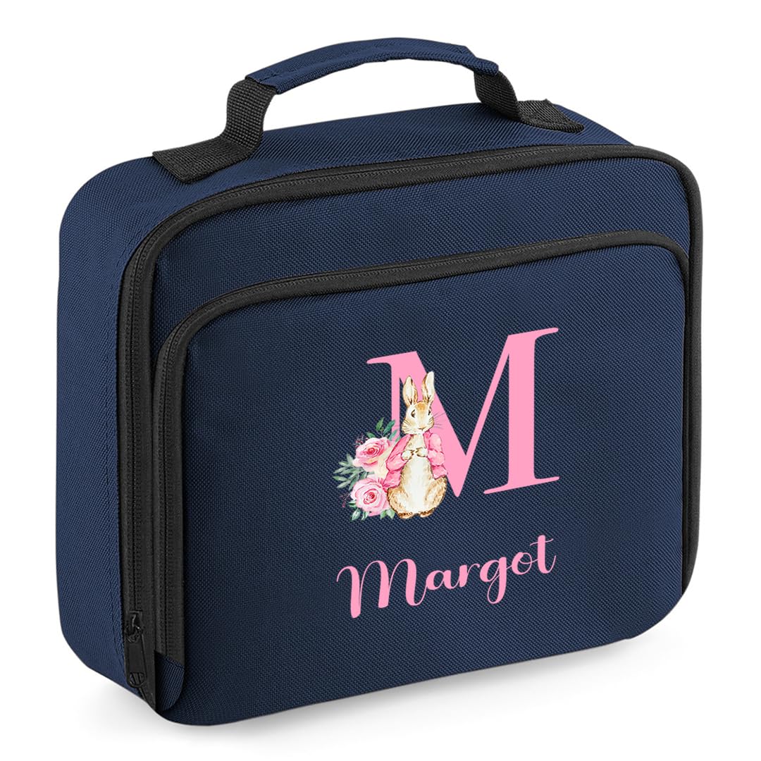 Personalised Lunch Bag for Kids Bunny Girls Boys Nursery Lunch Box Snack Insulated Toddler Custom Name School Bag Navy Lunch Bag Pink Design
